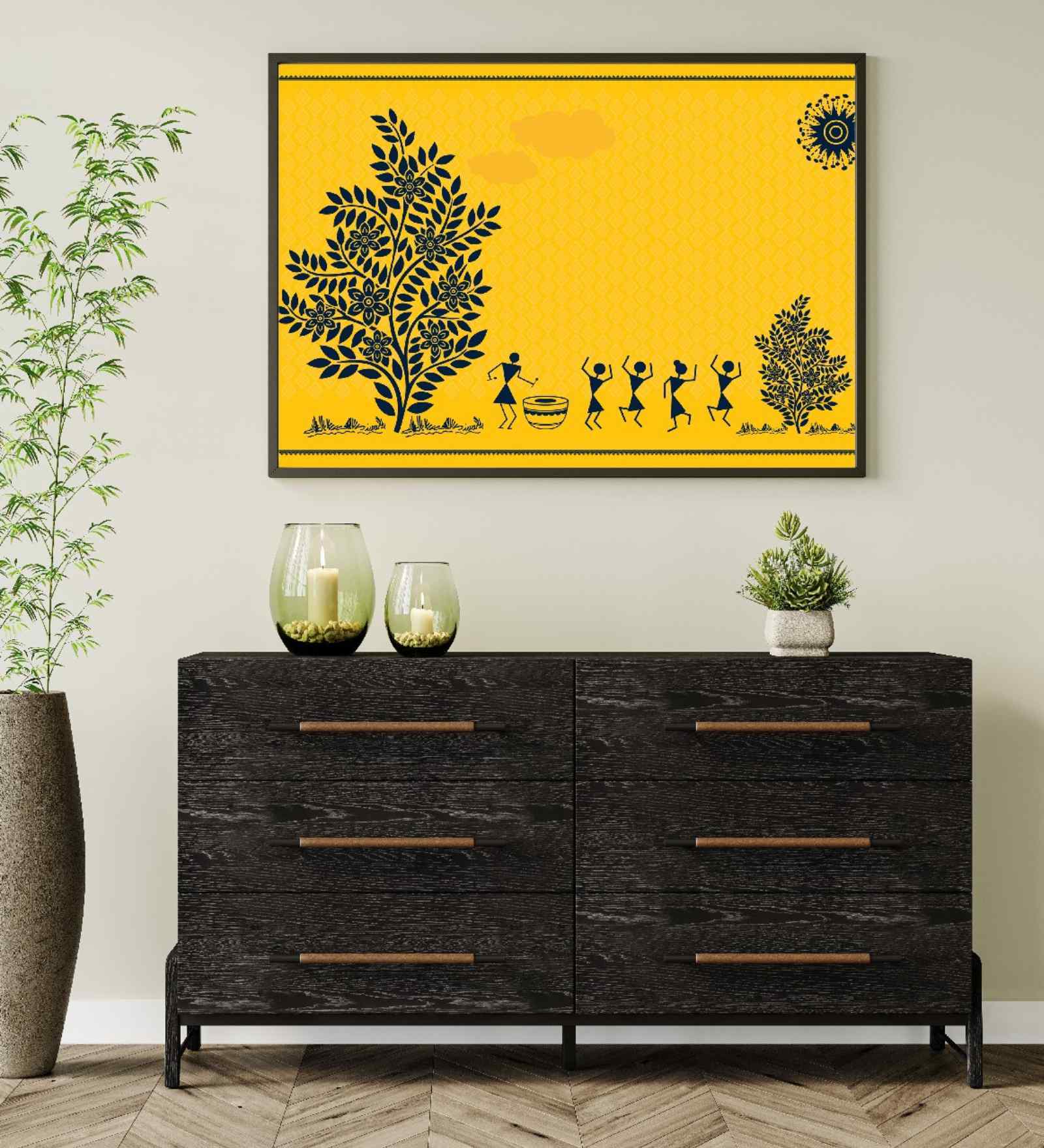 Yellow Canvas Printed Warli Framed Art