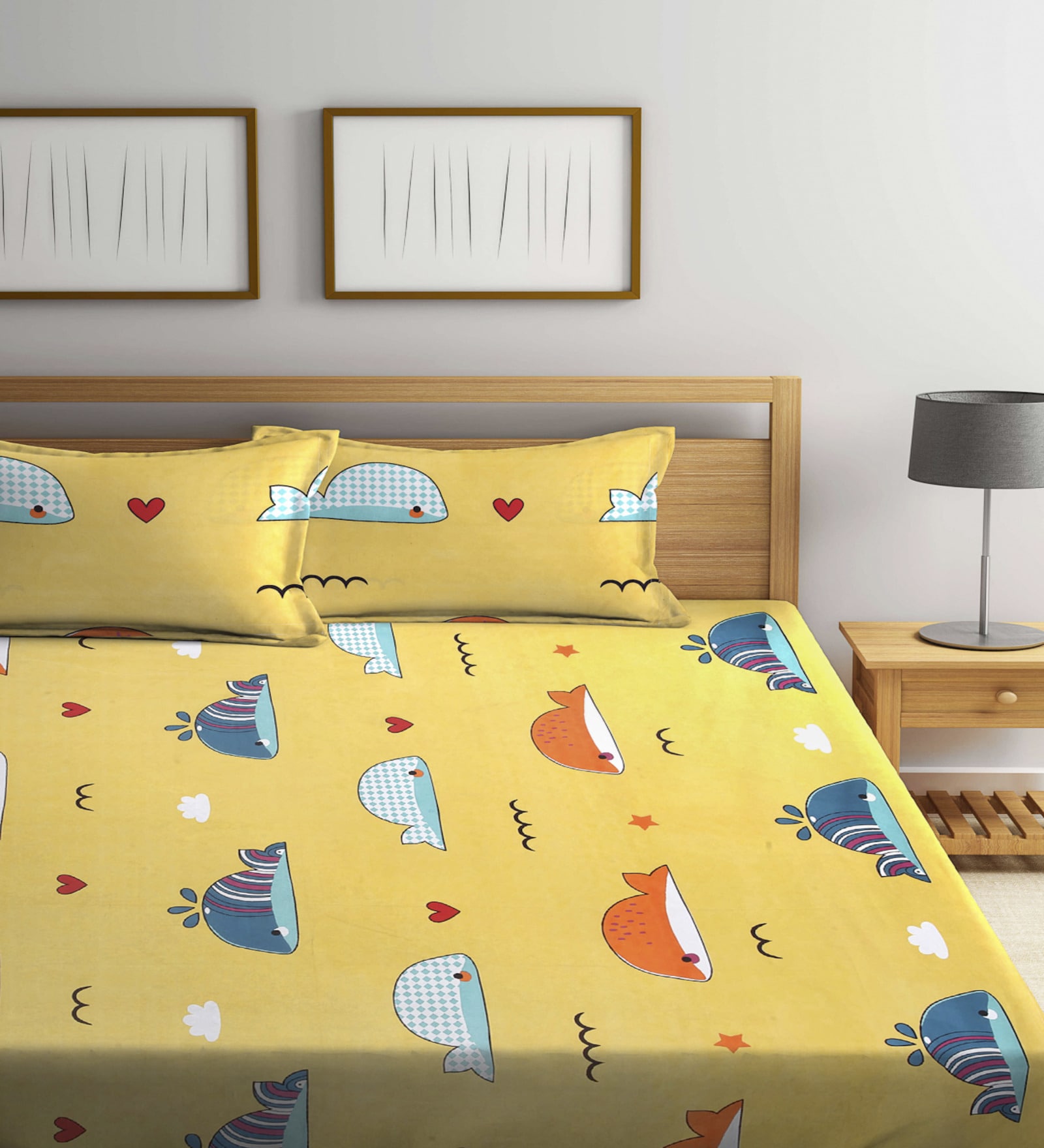 Yellow Cartoon 300 TC Cotton Blend Double Bedsheet With 2 Pillow Covers