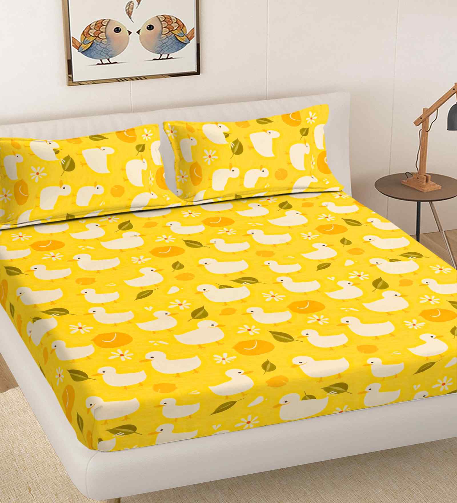 Yellow Cartoon Print 300 TC Cotton Blend King Size Double Bedsheet with 2 Pillow Covers
