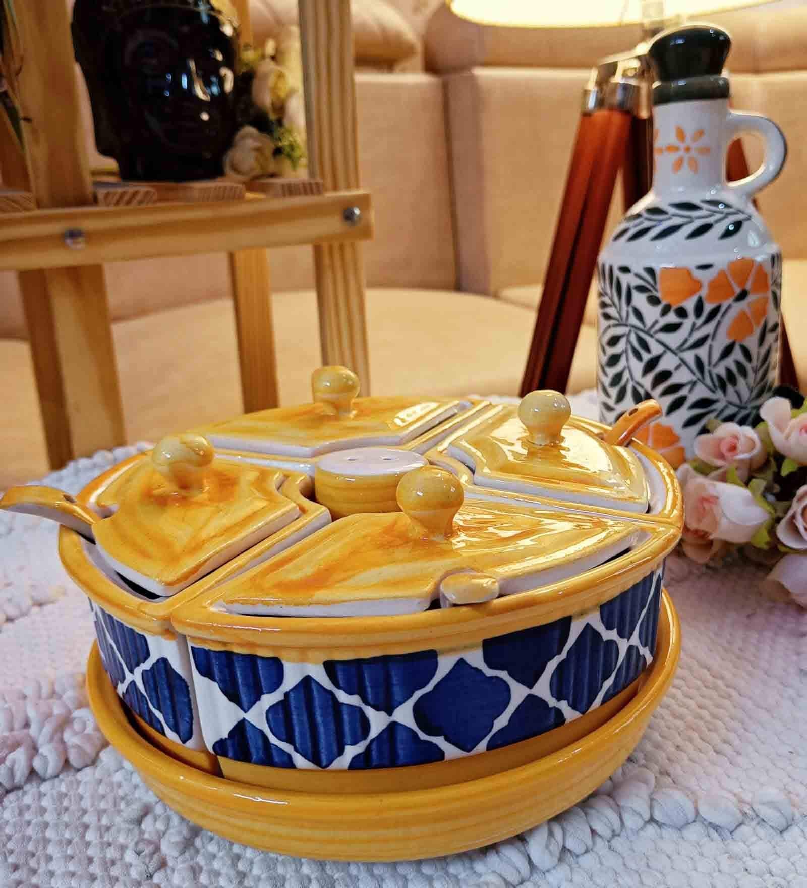 Yellow Ceramic  300 ml 4 Pcs Condiments Jars with Tray