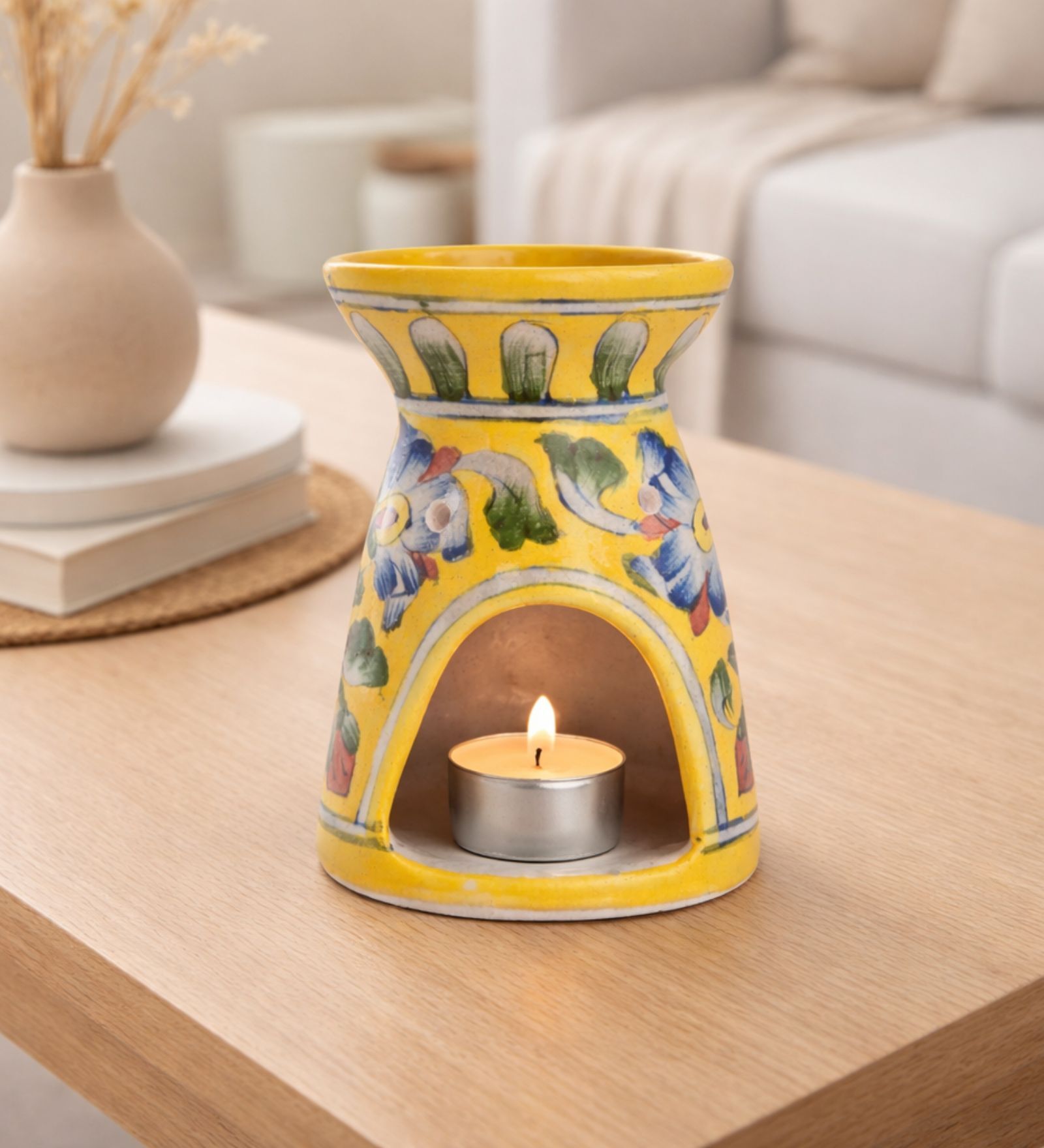 Yellow Clay Blue Pottery Oil Burner