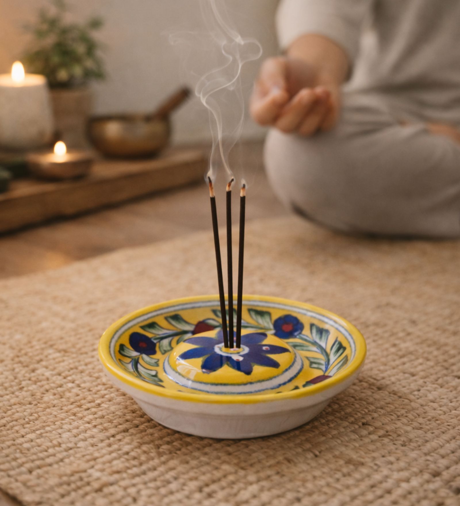 Yellow Clay Blue Pottery Round Incense Stick Holder