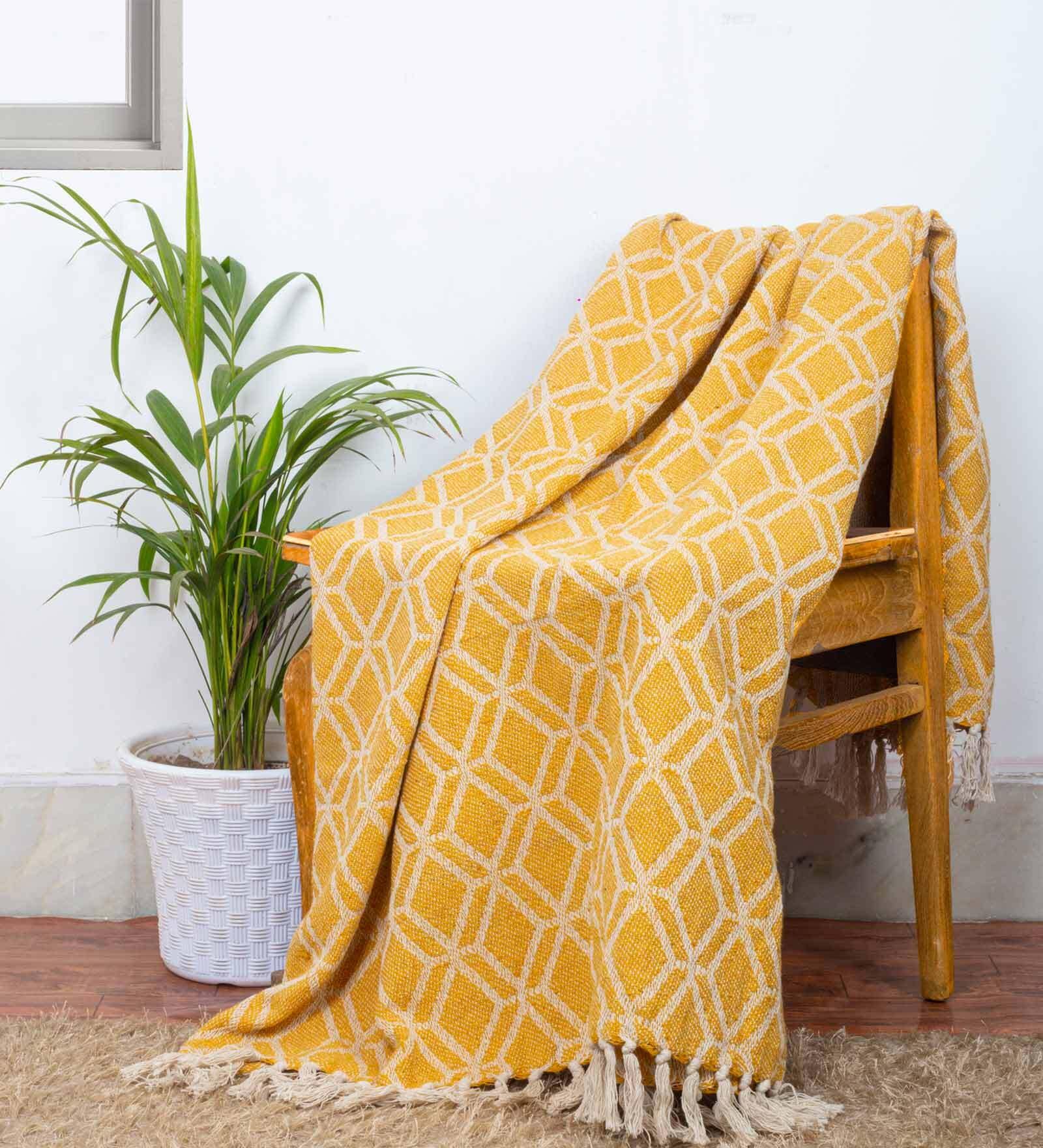 Yellow Geometric Cotton 50x60 Inches Sofa Throw