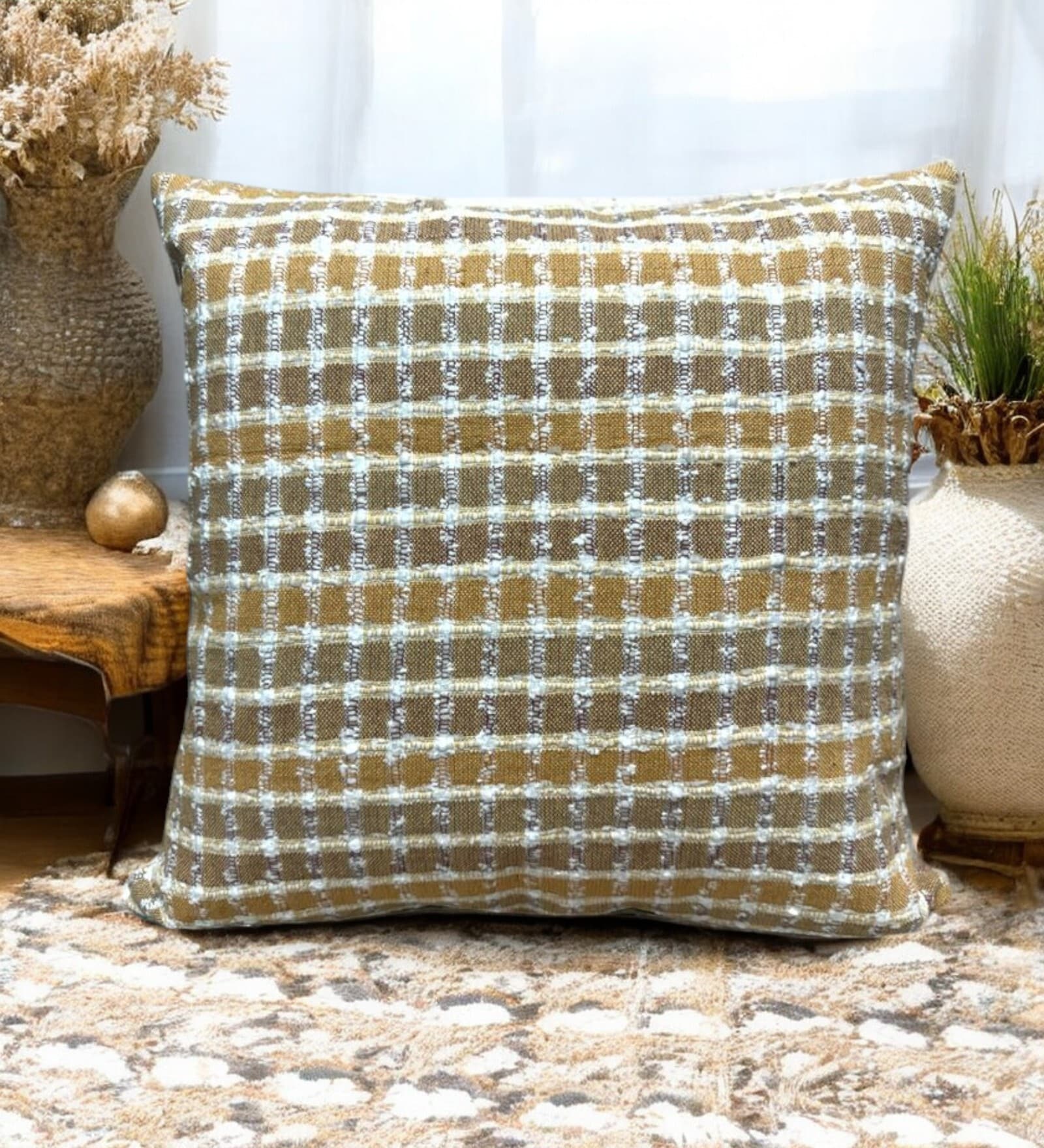 Yellow Cotton  Checkered 16x16 inches Cushion Cover