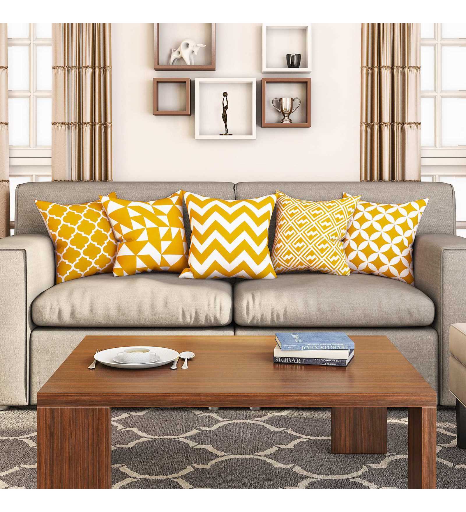 Yellow Geometric Cotton 16 x 16 Inches Cushion Covers (Set of 5)