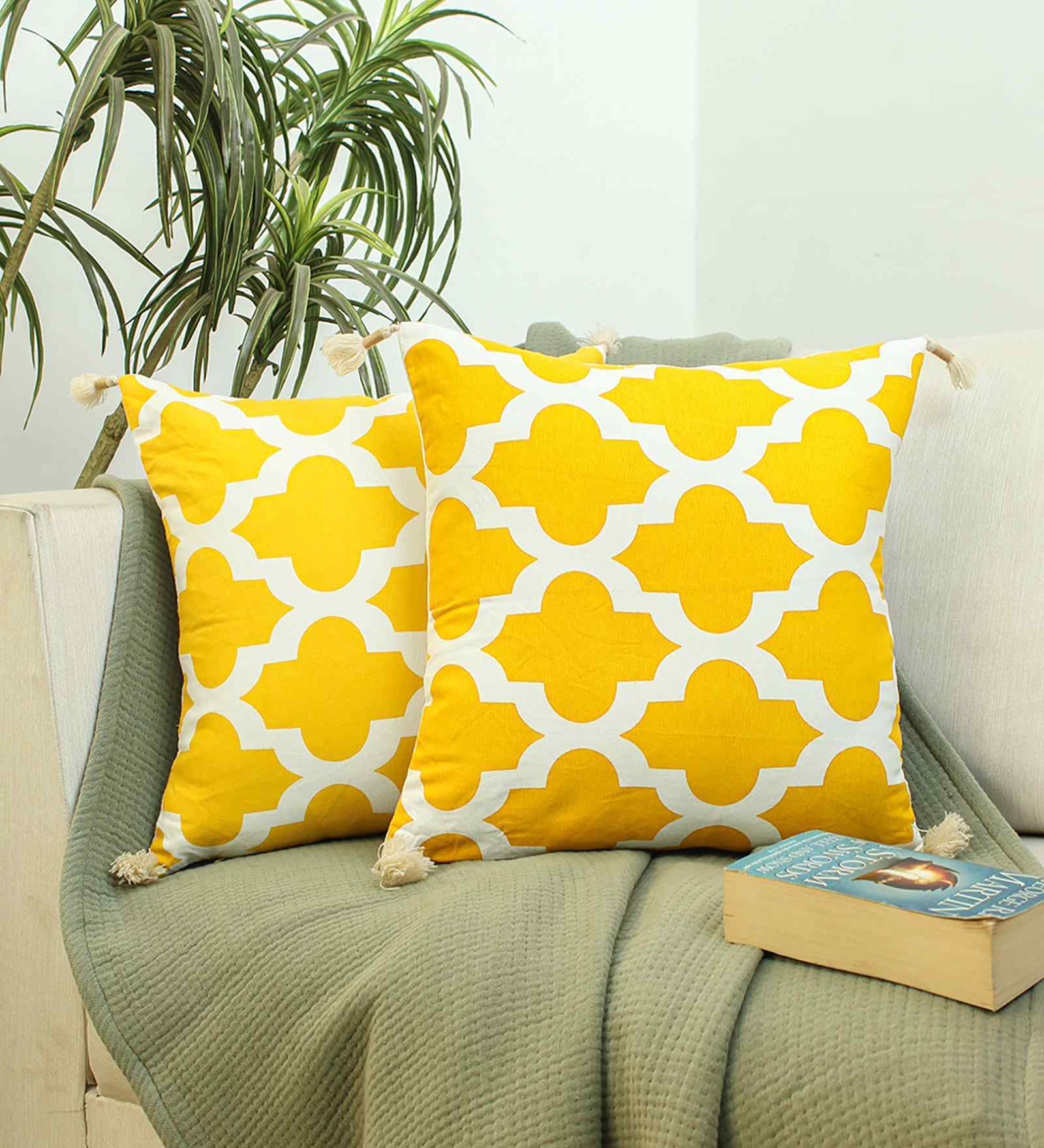 Yellow Cotton Abstract 16x16 inches Cushion Cover Set of 2