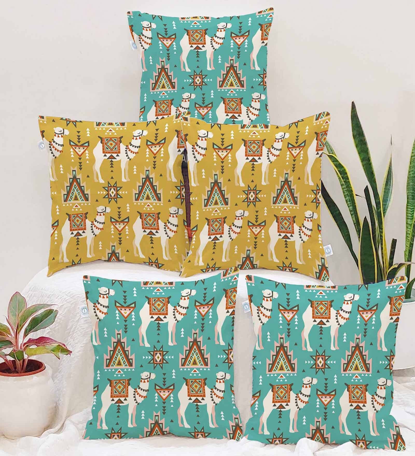 Yellow Cotton Animal 16x16 inches Cushion Covers (Pack of 5)