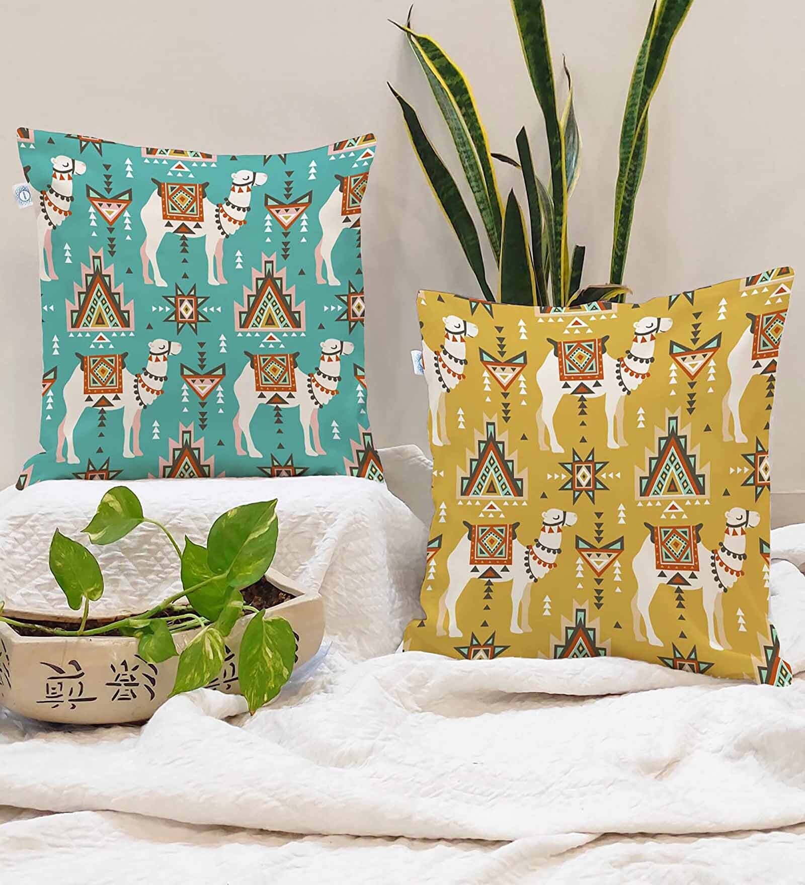 Yellow Cotton Animal 24x24 inches Cushion Covers (Pack of 2)