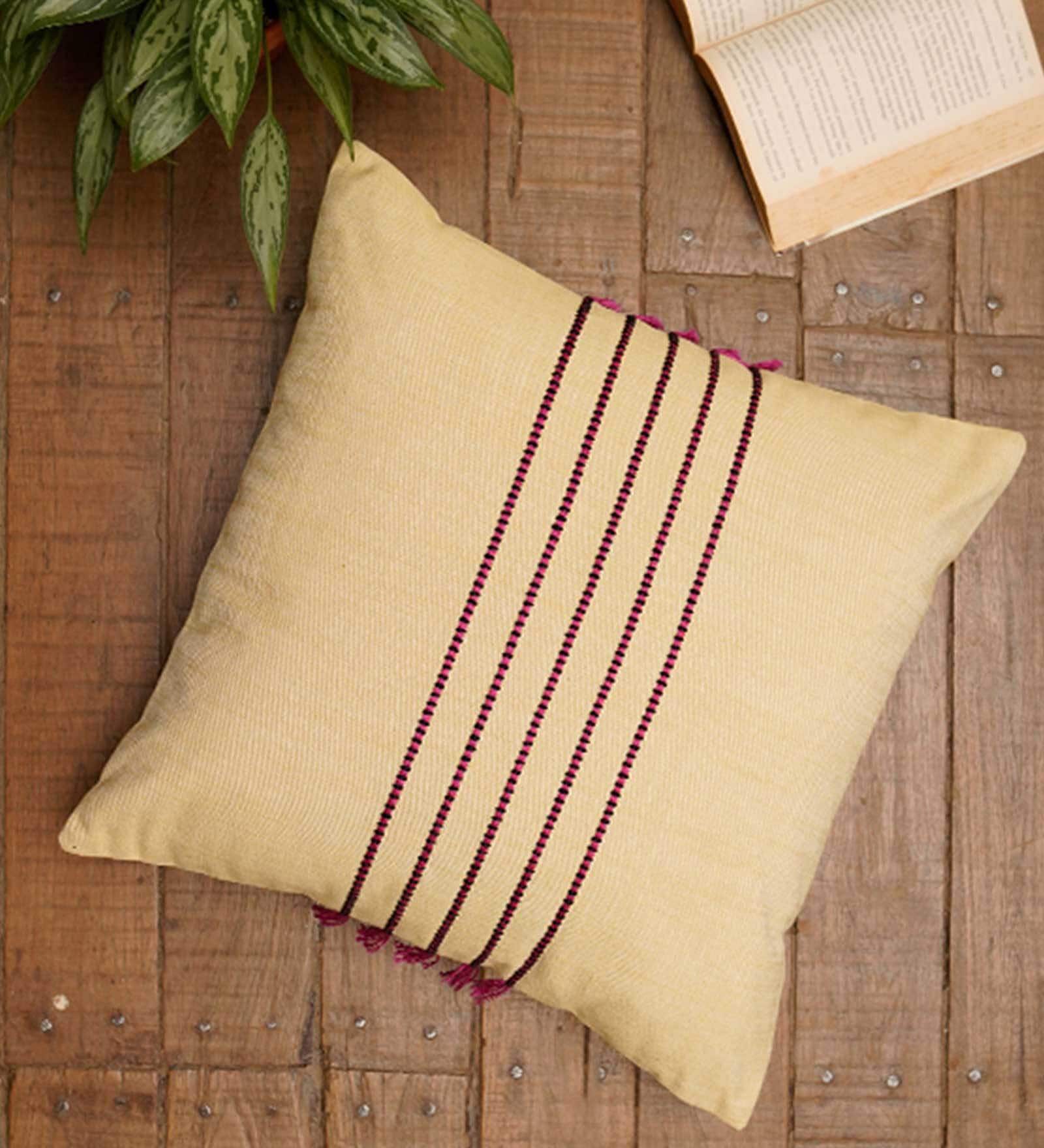 Yellow Cotton Blend Striped 16x16 inches Cushion Covers (Set of 1)