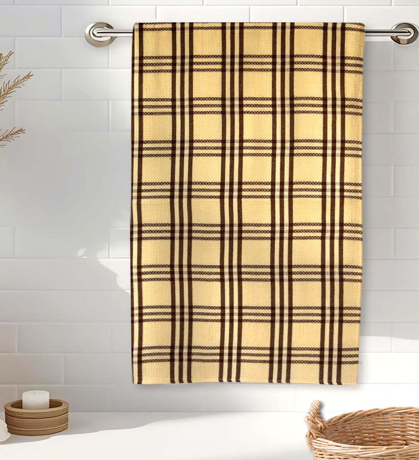 Yellow Cotton Checkered 215 GSM Bath Towel (1Pc)