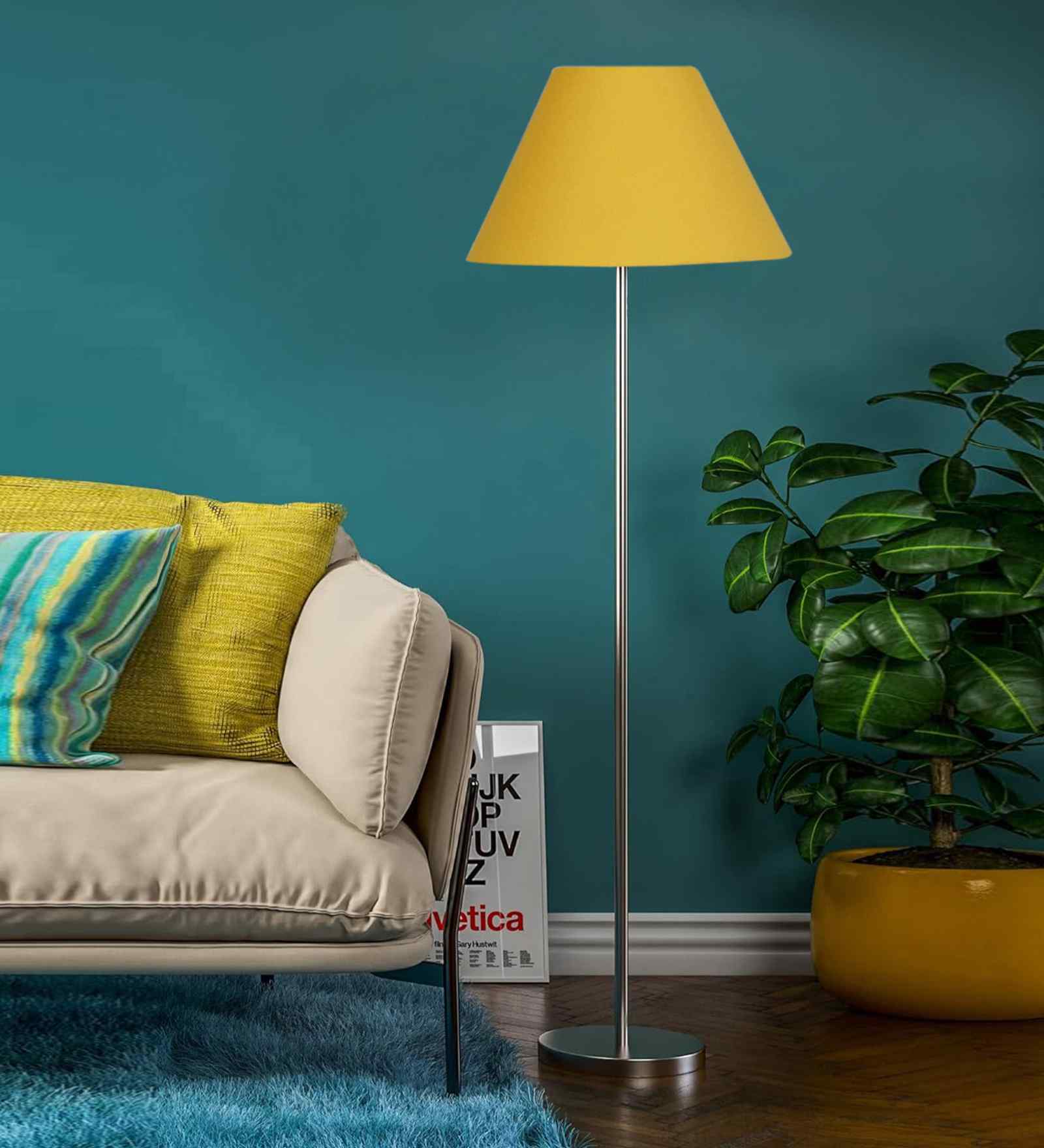 Yellow Cotton Conical Shade Steel Floor Lamp Steel Base