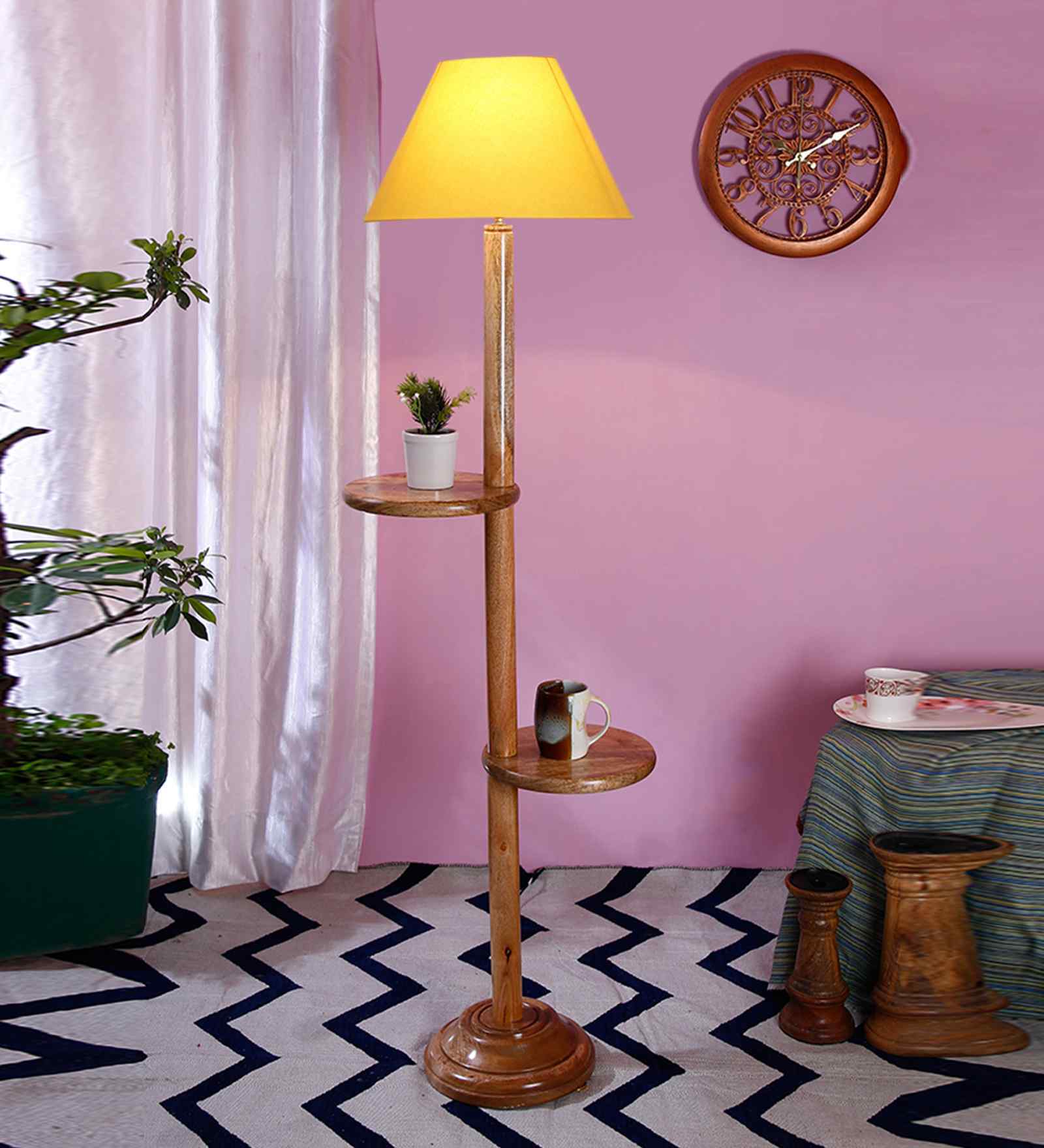 Yellow Cotton Conical Wooden Floor Lamp