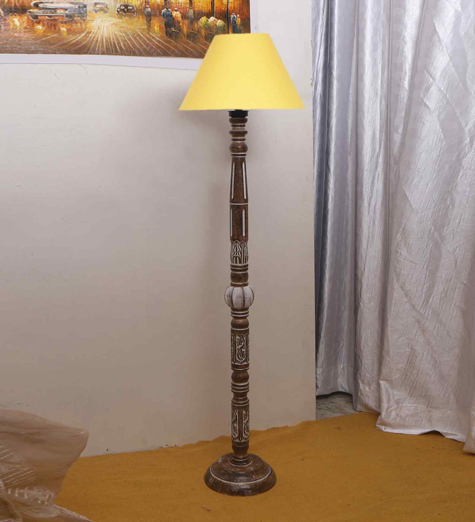 Yellow Cotton Conical Wooden Floor Lamp