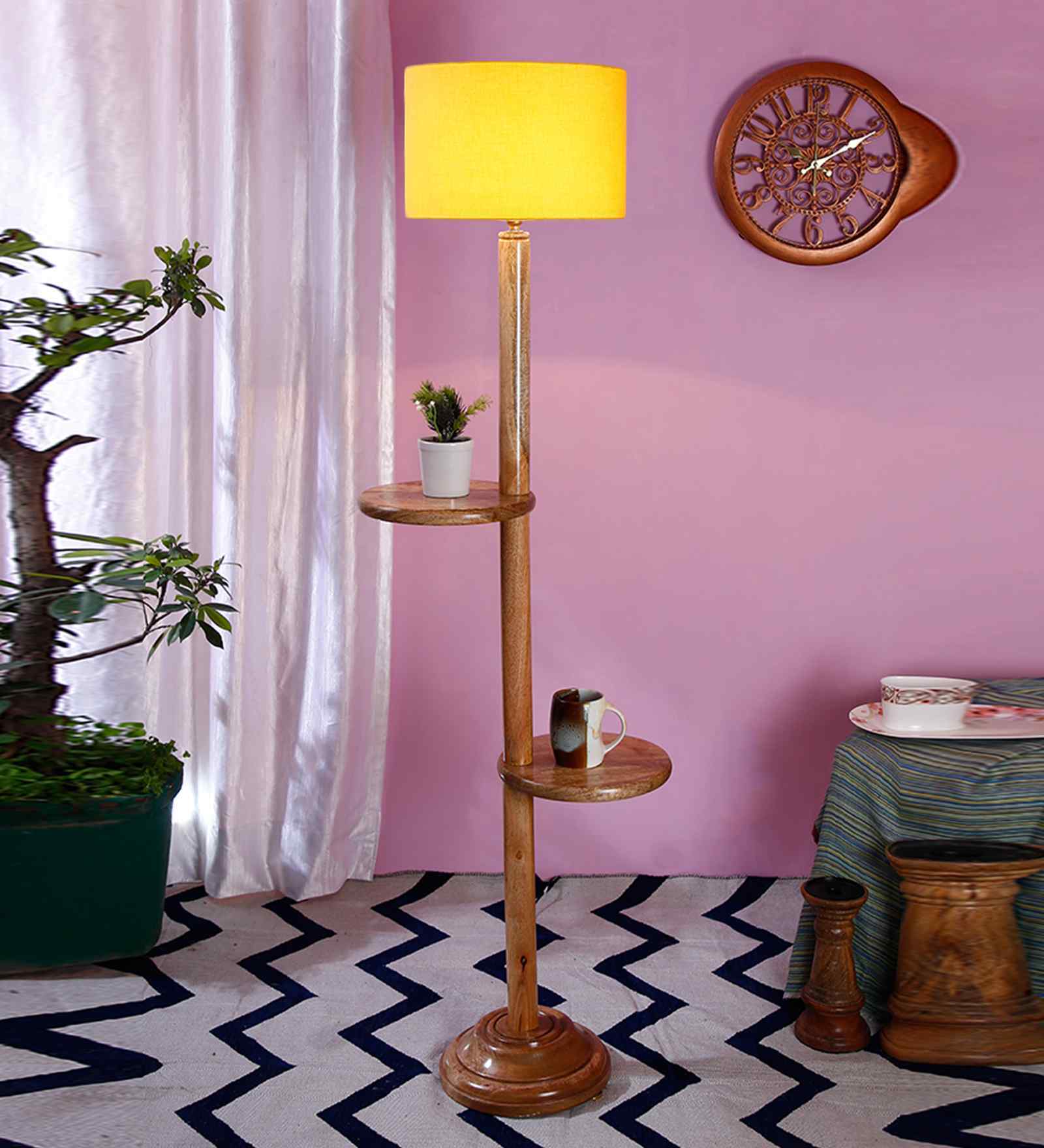 Yellow Cotton Drum Wooden Floor Lamp