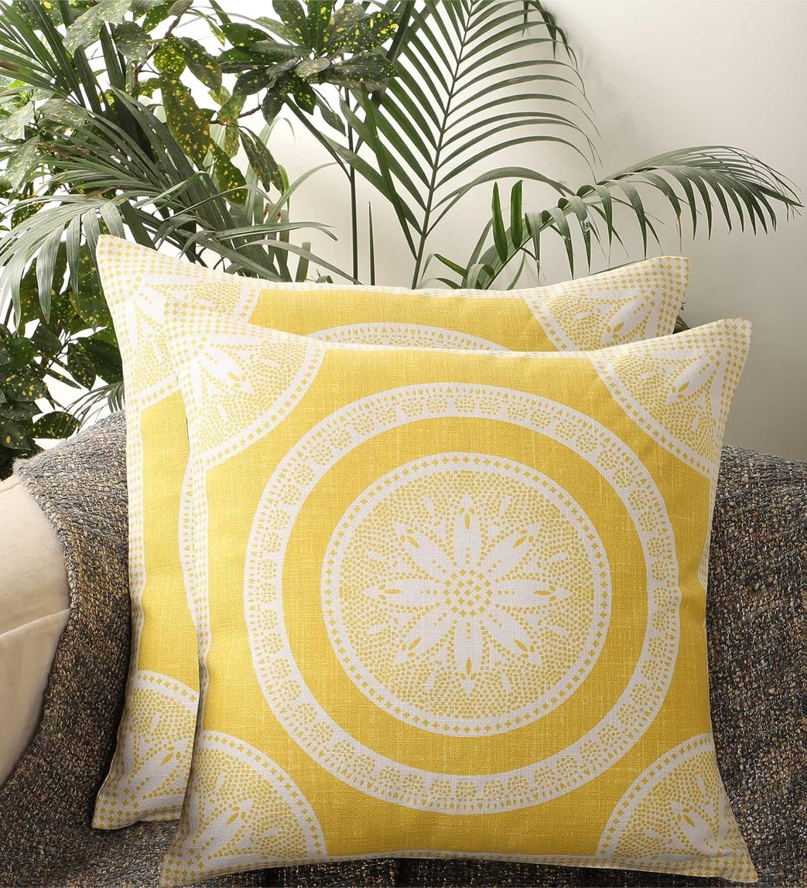 Yellow Cotton Floral 20x20 inches (Set of 2) Cushion Covers