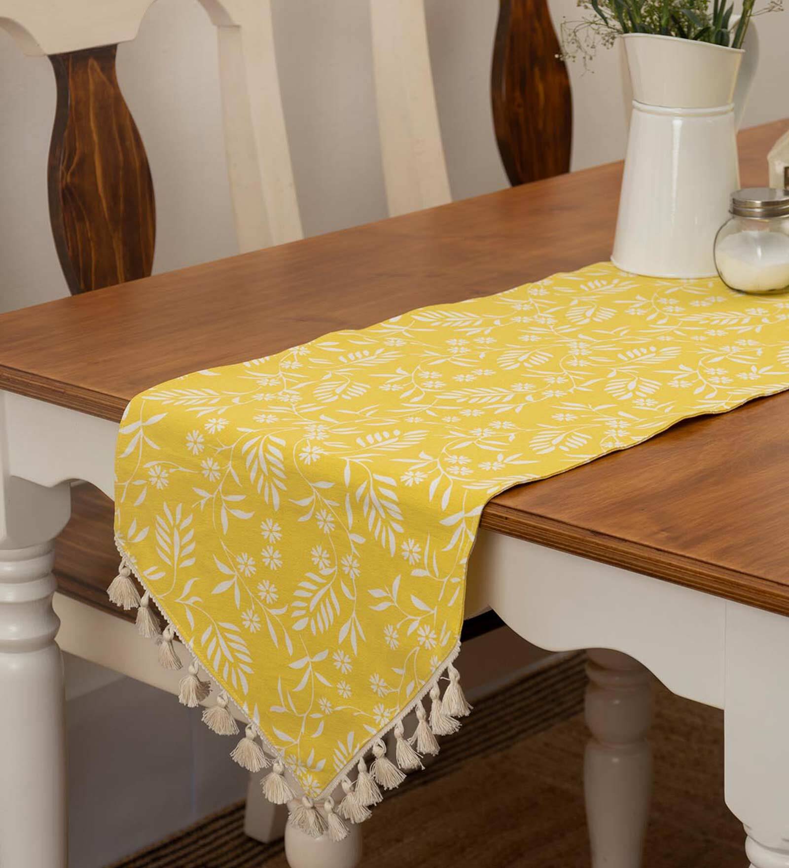 Floral (90x14) Yellow & White Cotton Table Runner