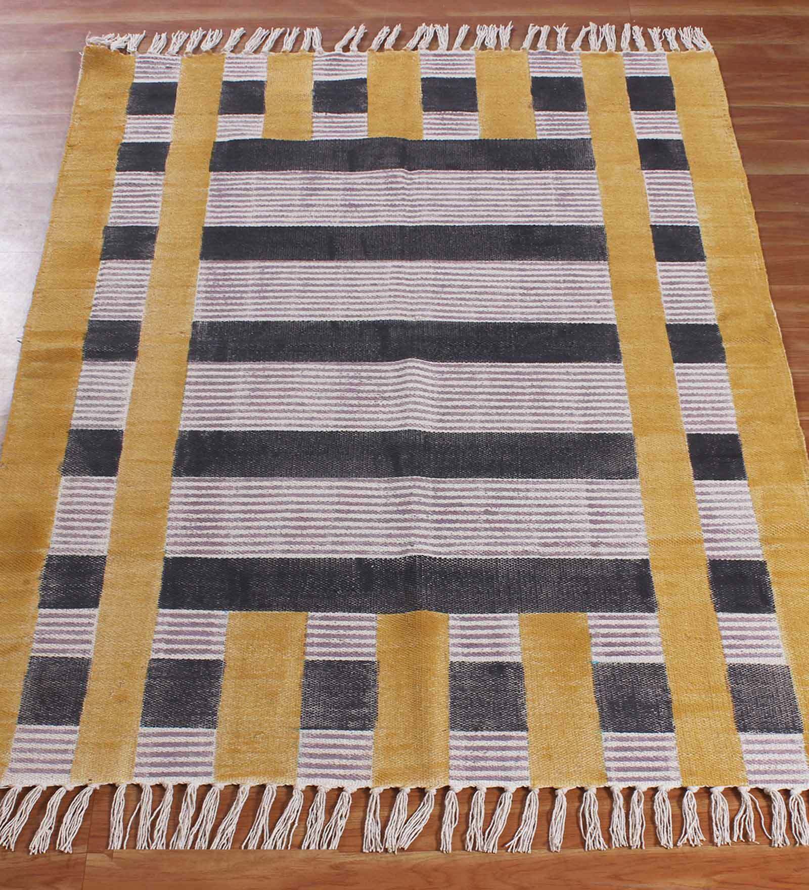 Yellow Cotton Striped 3x2 Hand Woven Dhurrie