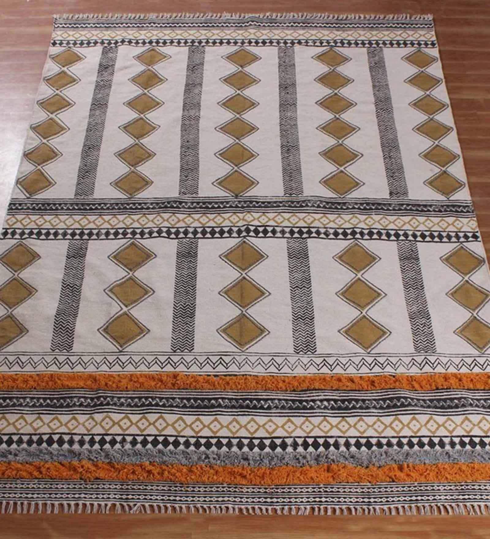 Yellow Cotton Geometric 3x2 Hand Woven Dhurrie