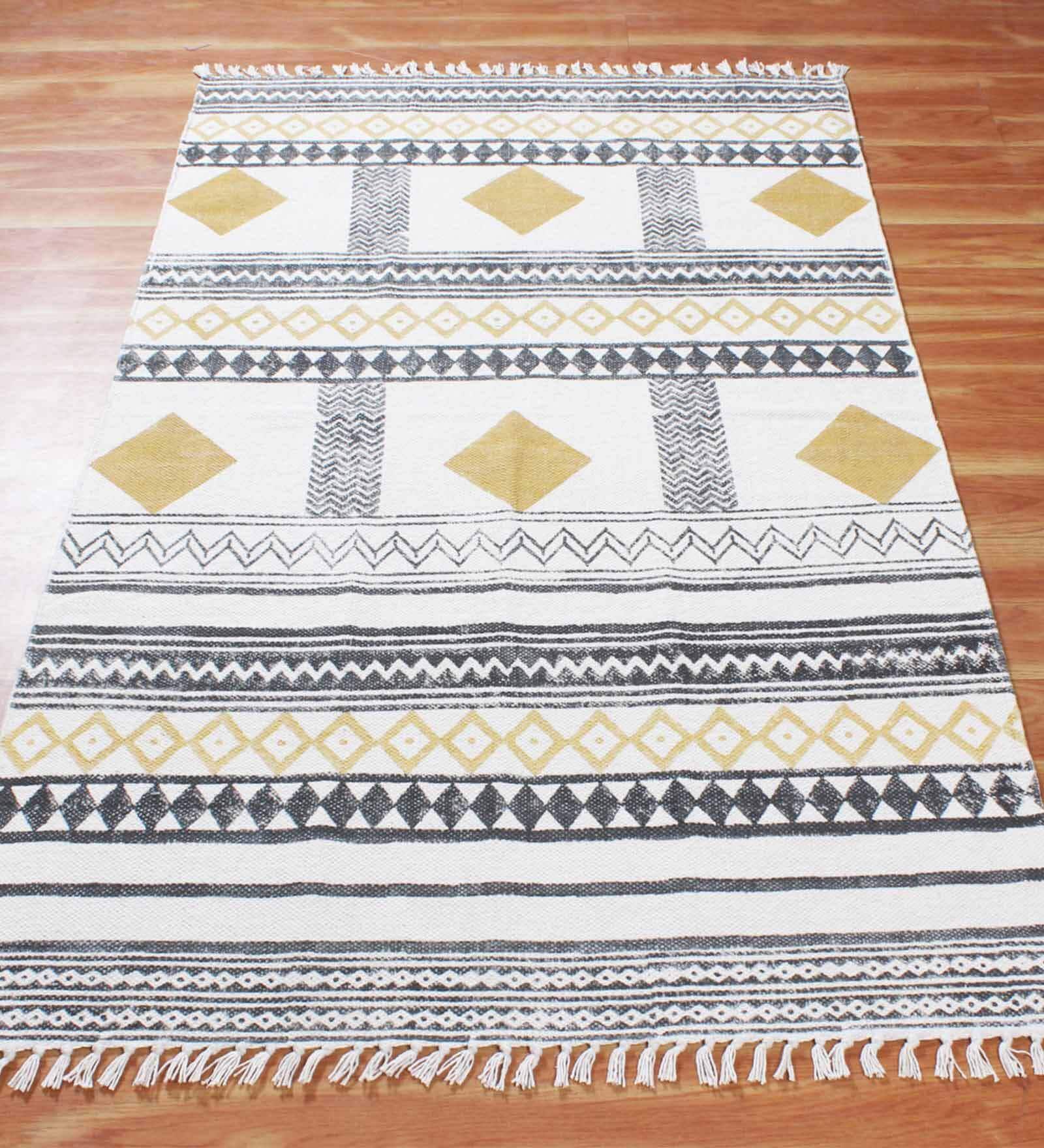 Yellow Cotton Geometric 3x2 Hand Woven Dhurrie