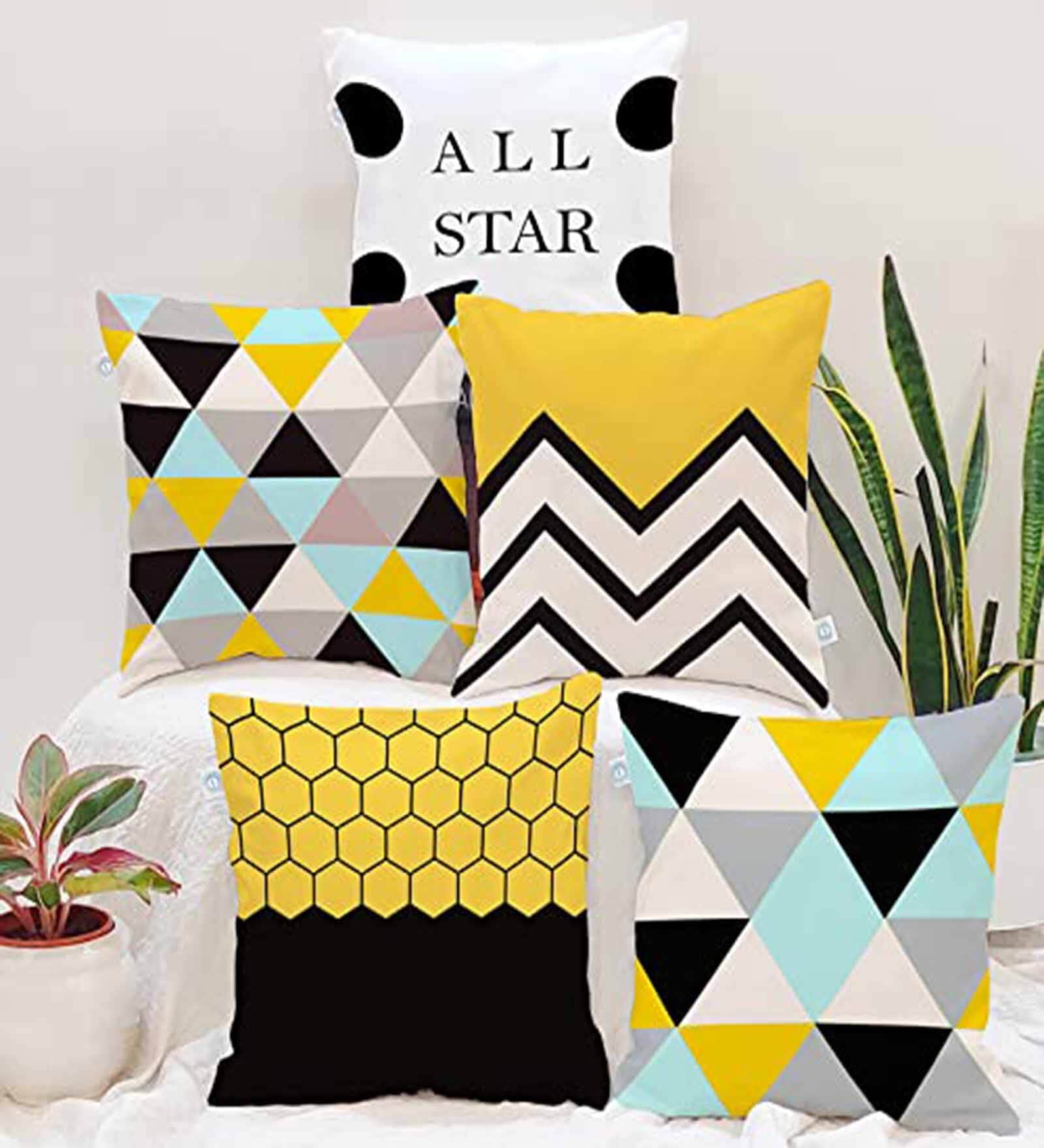 Yellow Cotton Geometric 16x16 inches Cushion Covers (Pack of 5)
