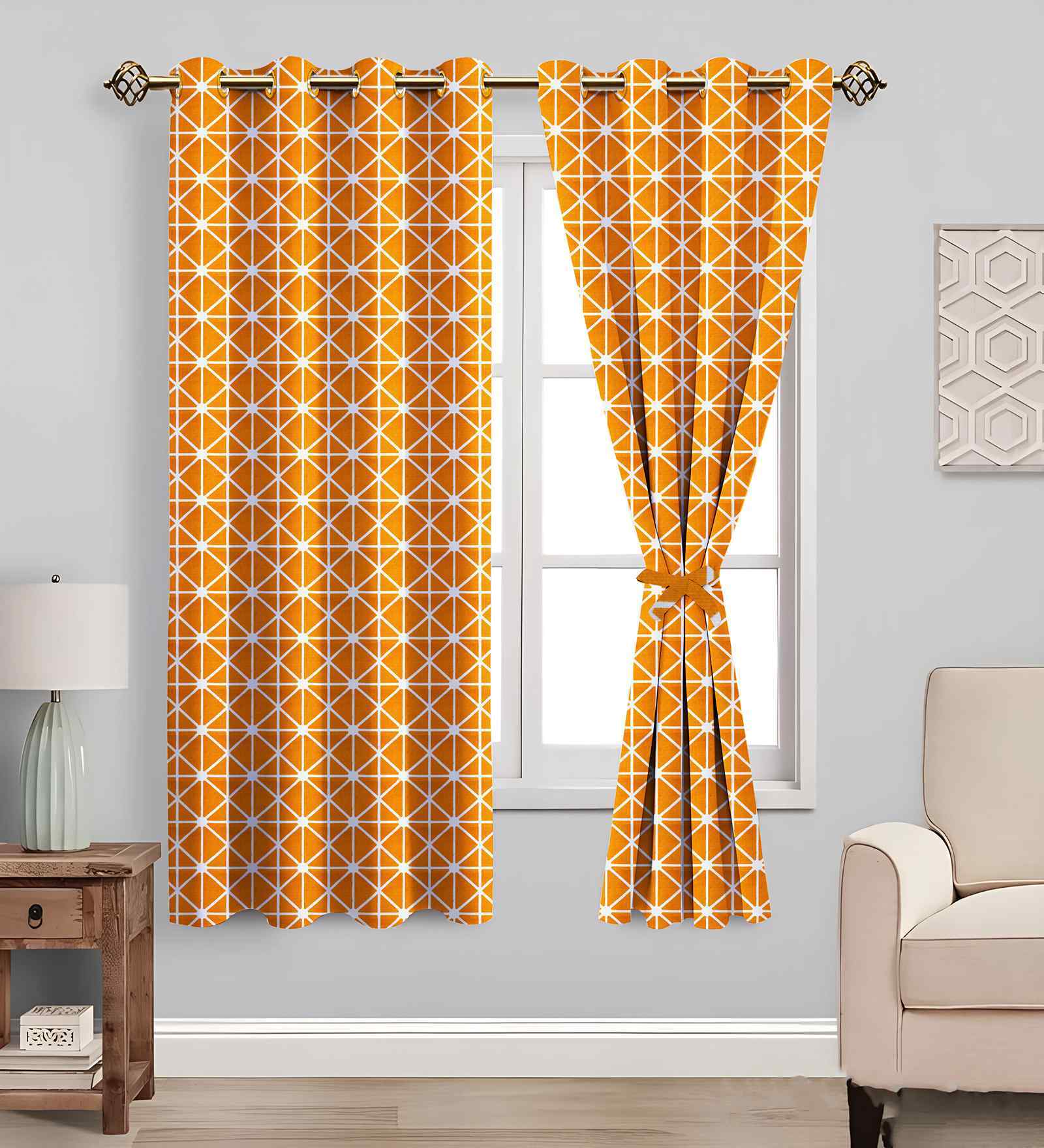 Yellow Cotton Geometric 5ft Semisheer Eyelet Window Curtain (2 Pc)