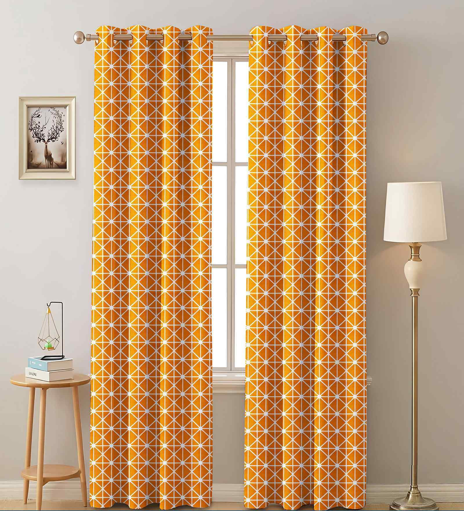Yellow Cotton Geometric 7ft Semisheer Eyelet Door Curtain (2 Pc)