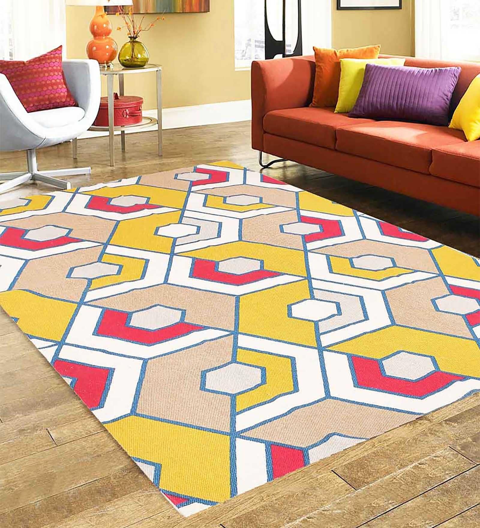 Yellow Cotton Geometrical 5.7 x 4 Feet Dhurries