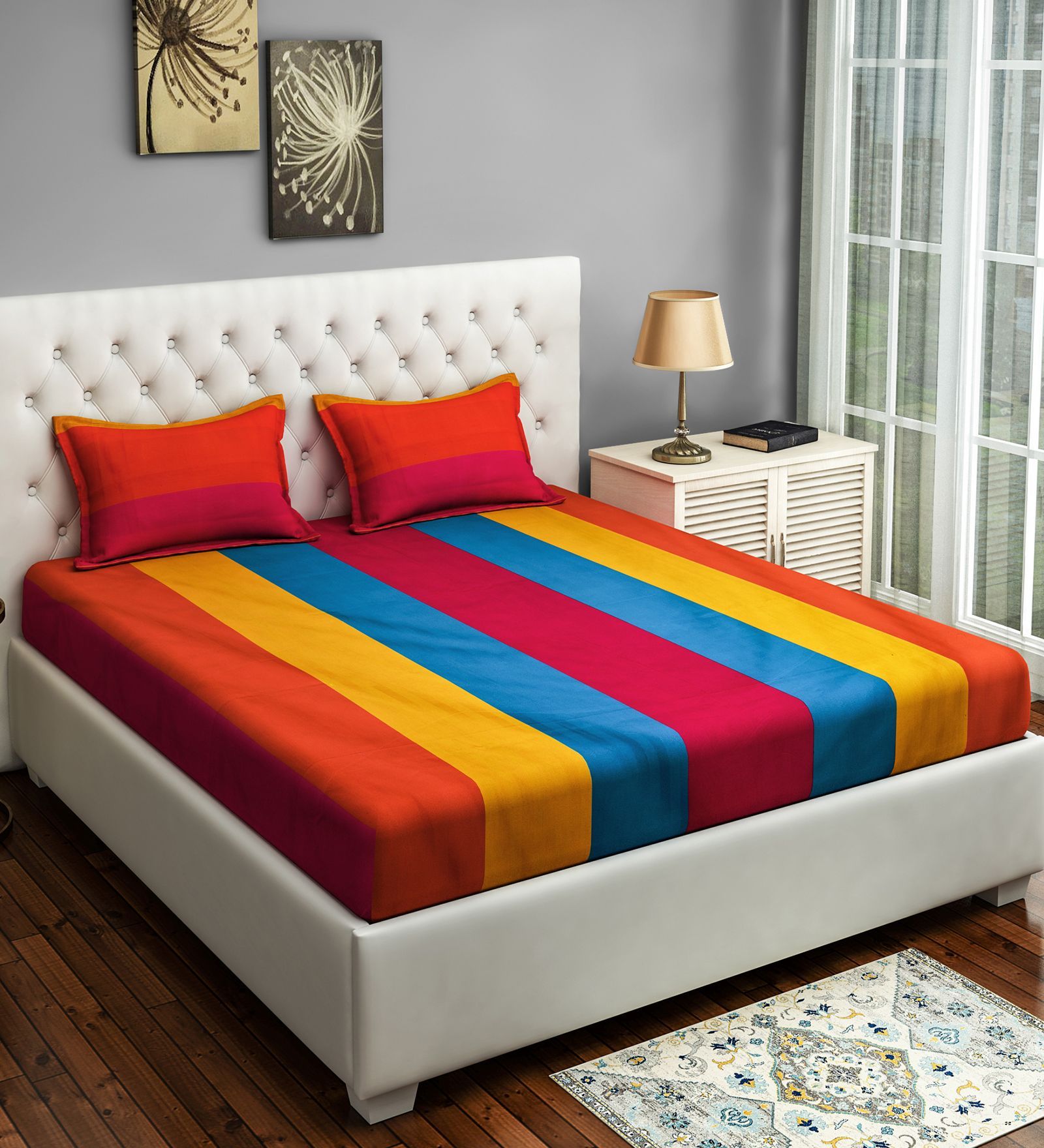 Multicolor Striped Cotton 180TC Queen Size Bedsheet with 2 Pillow Covers