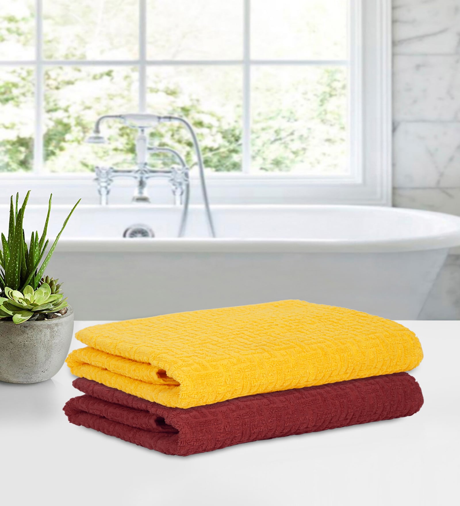 Yellow Cotton Patterened 480 GSM Bath Towels (Set of 2)