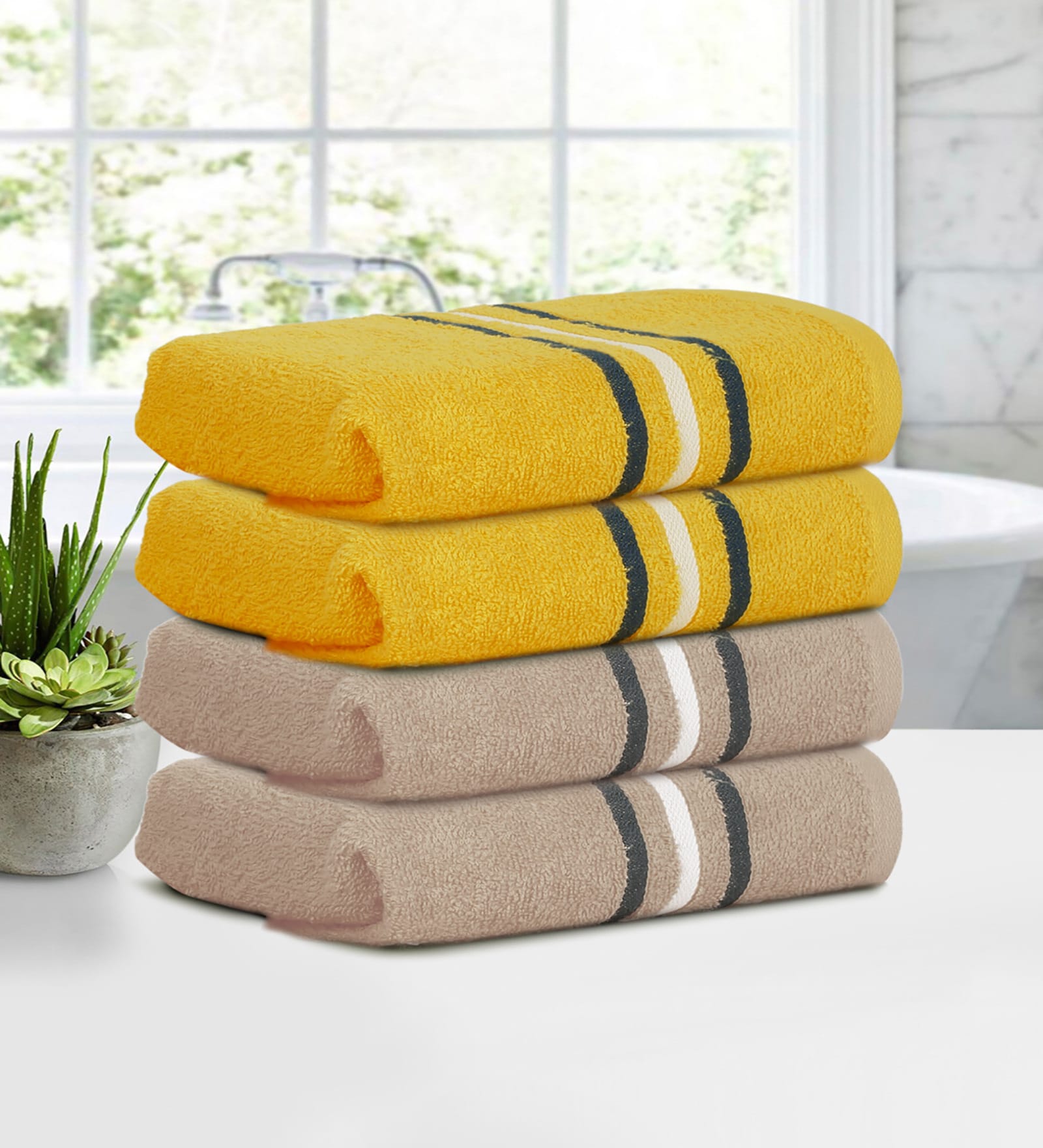 Yellow & Beige Cotton Solid 380 GSM Hand Towels (Set of 4)
