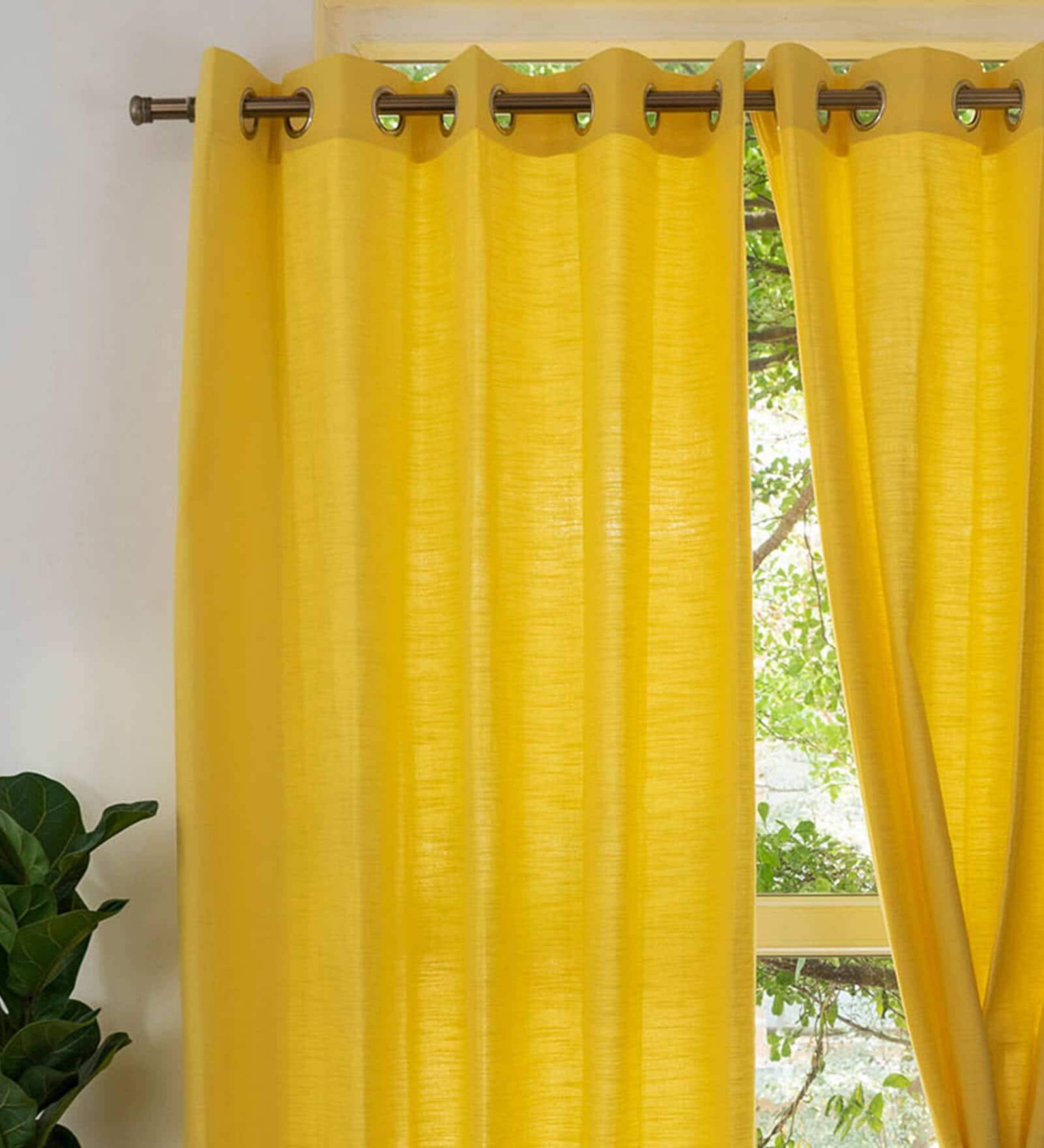 Buy Yellow Solid Cotton 5.5 Ft Semisheer Eyelet Window Curtain by The