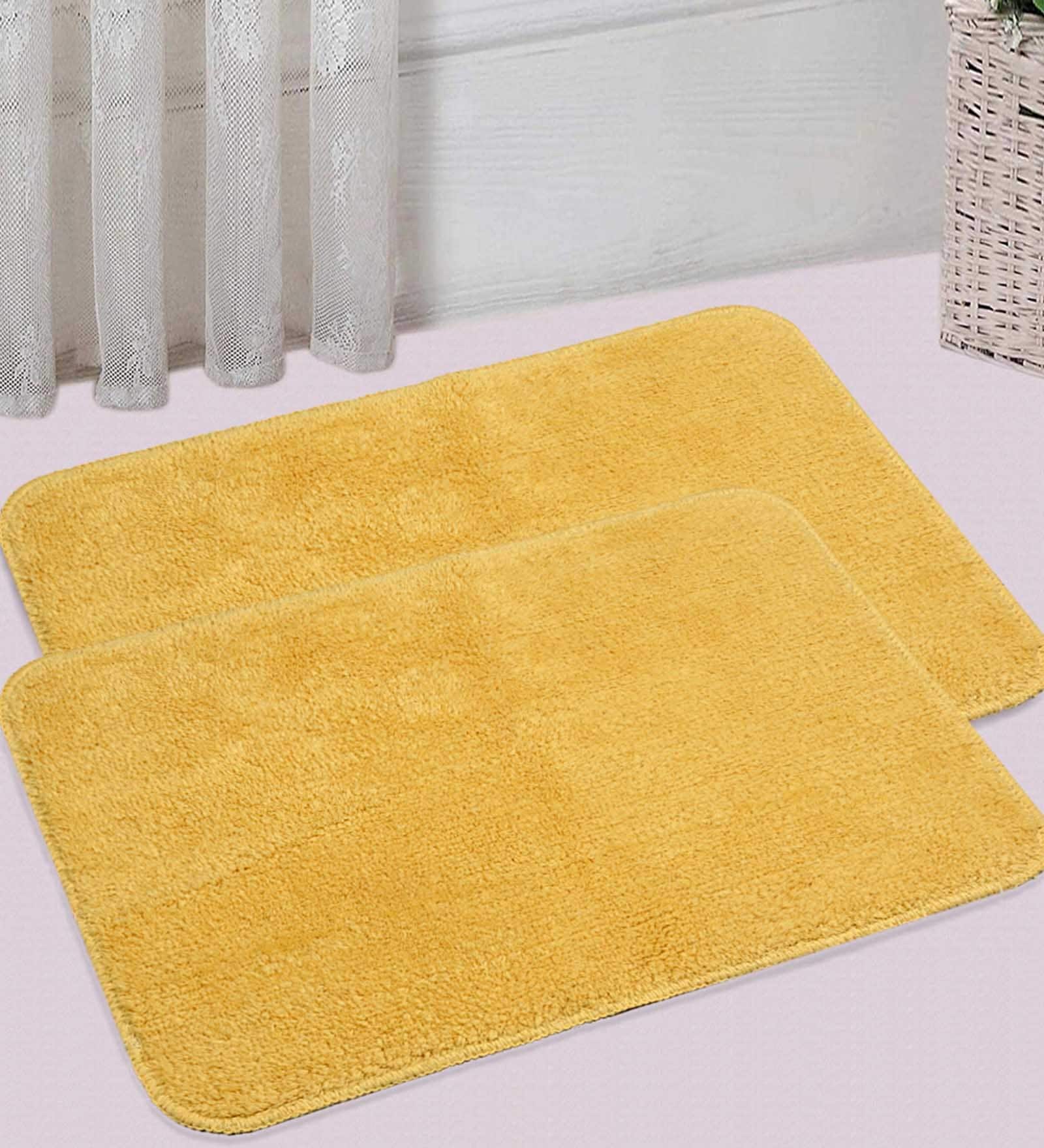 Yellow Solid Cotton 24x16 Inches AntiSkid Bath Mats (Set of 2)