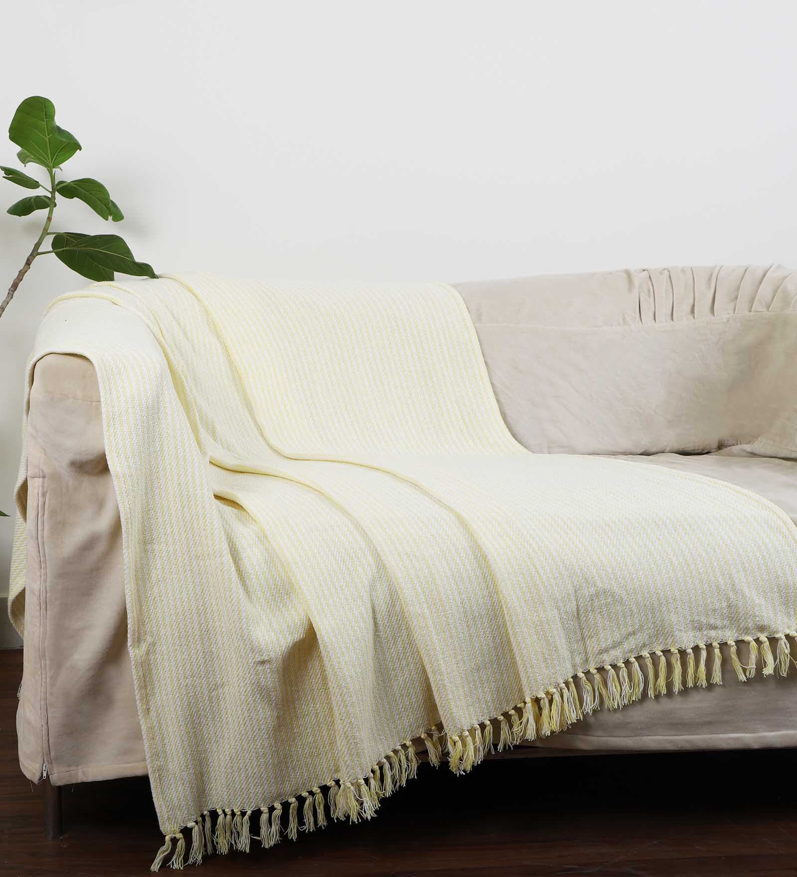 Yellow Cotton Striped 63x52 Inches Sofa Throw
