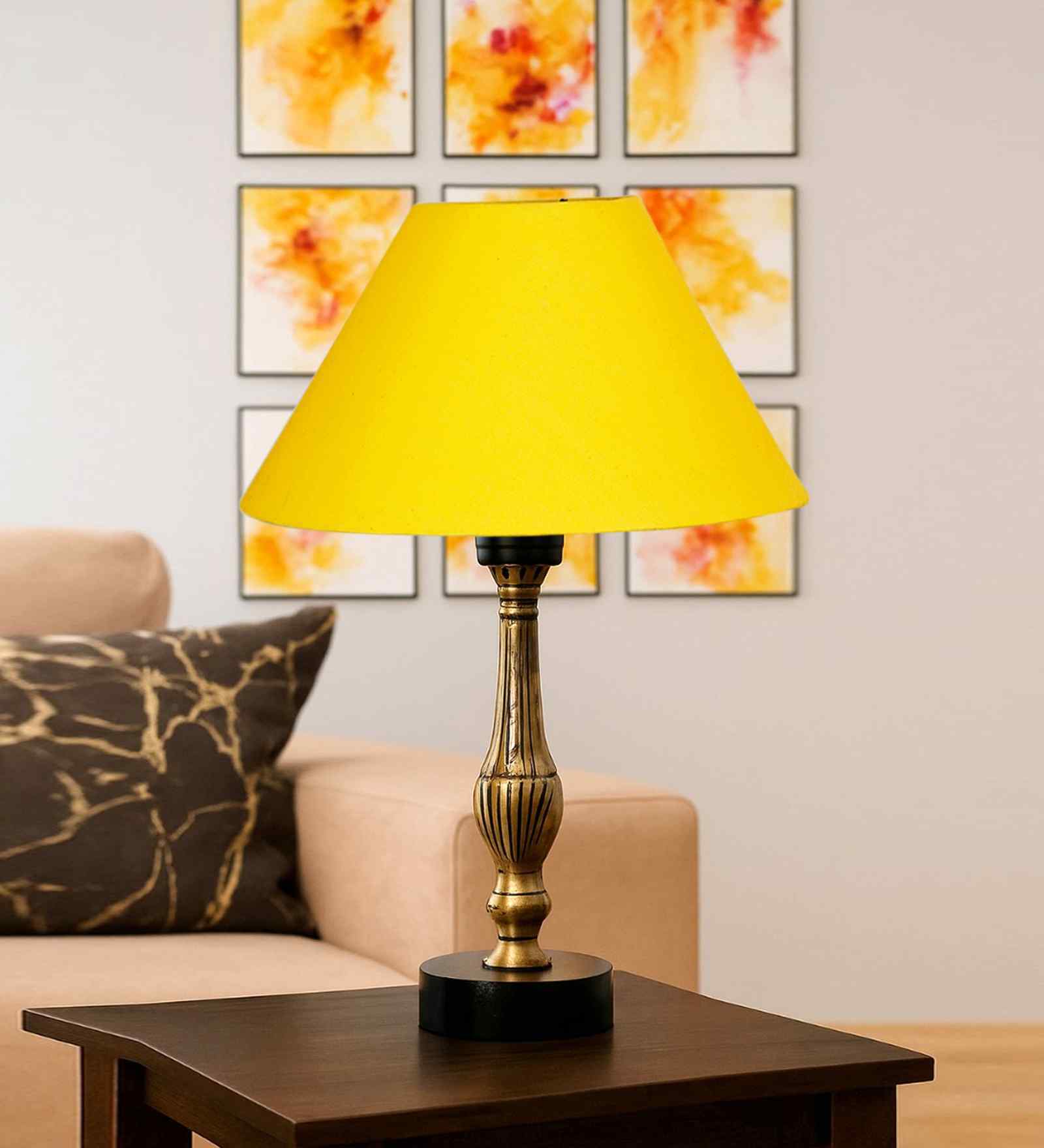 Yellow Cotton Table Lamp With  Metal & Wood  Base 10X15 Inches