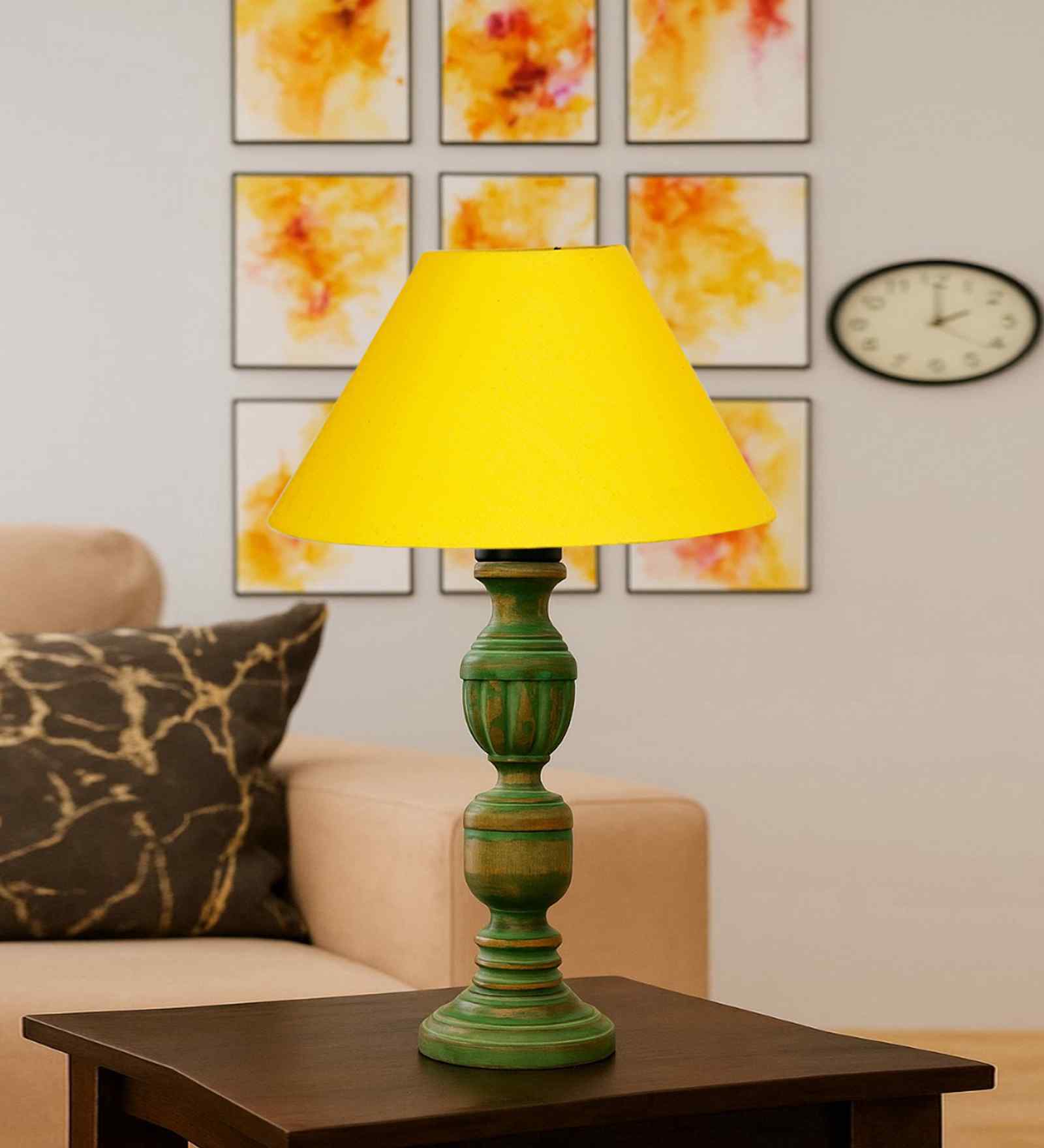 Yellow Cotton Table Lamp With  Wood  Base 10X19 Inches
