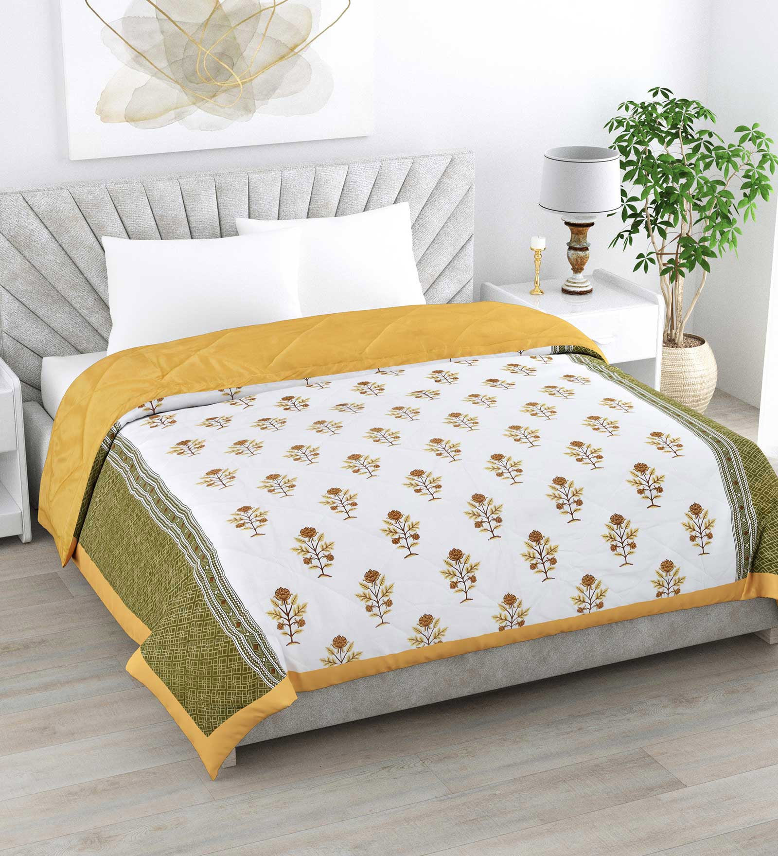 Buy Yellow Cotton Traditional 150 GSM Double Bed Quilted Comforter by