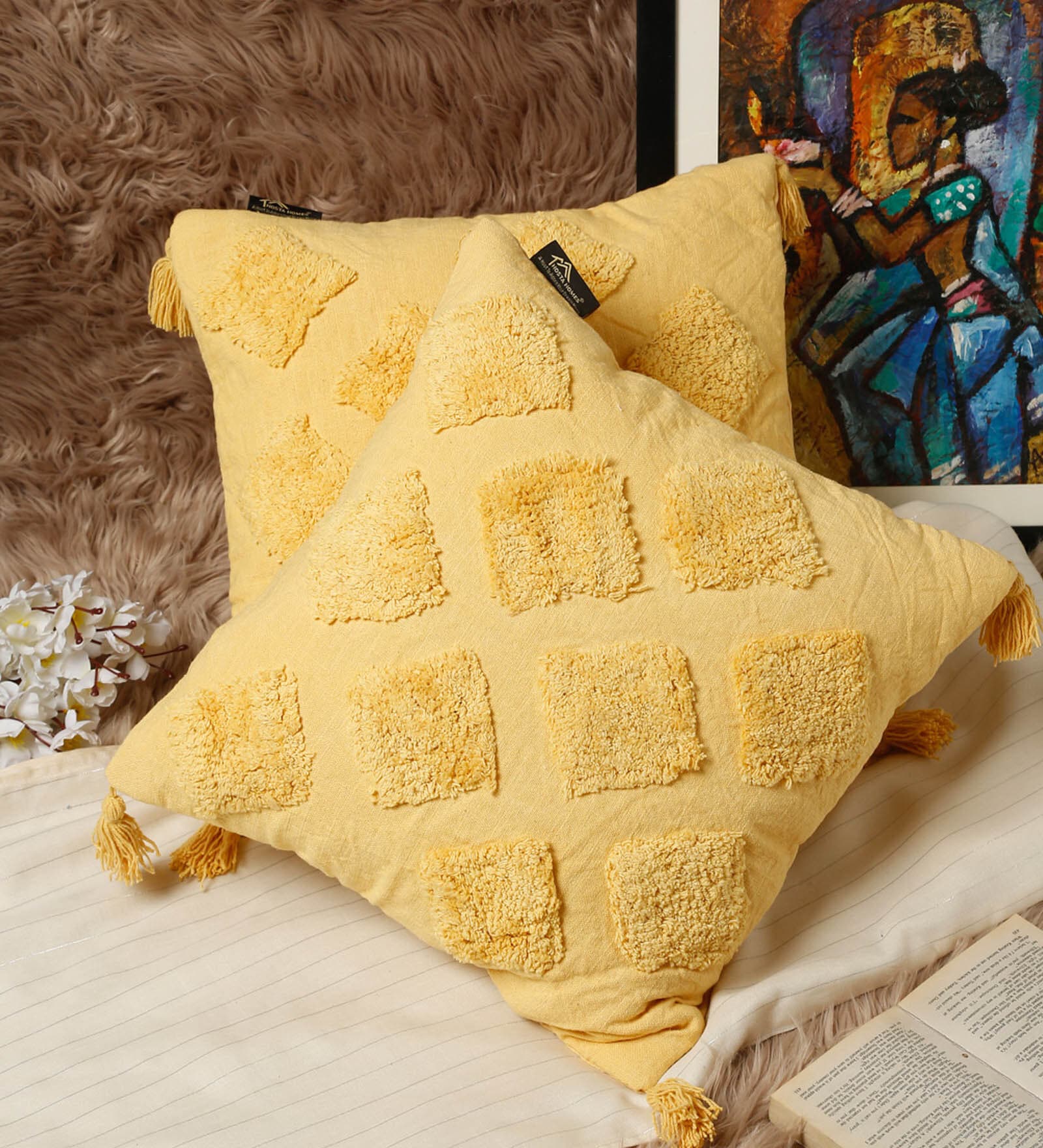 Yellow Textured Geometric Cotton 16 x 16 Inches Cushion Covers (Set of 2)