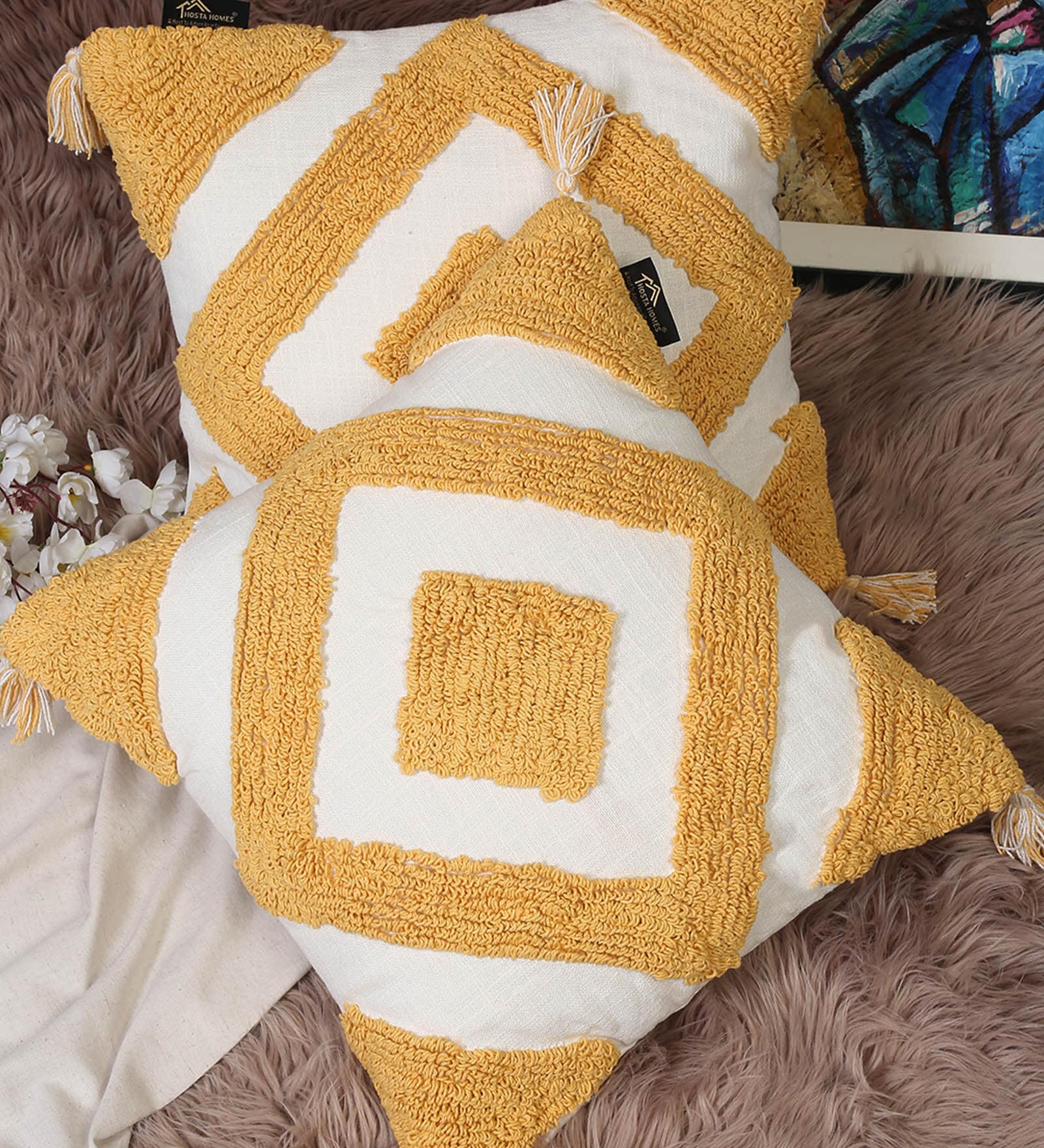 Yellow Woven Cotton 16 x 16 Inches Cushion Covers (Set of 2)