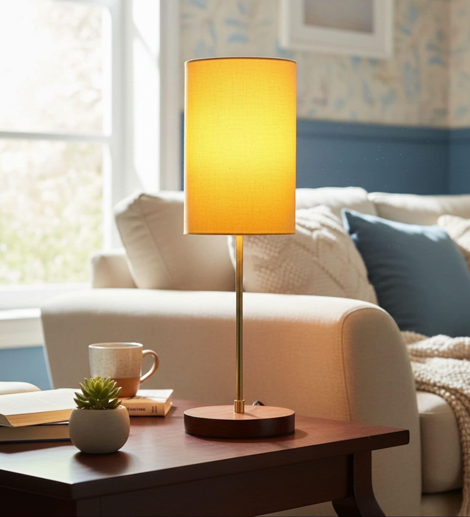 Yellow Cylinder Fabric Shade Table Lamp, Brown Wooden Base Bedside & Desk Light for Bedroom, Living Room & Home Decor