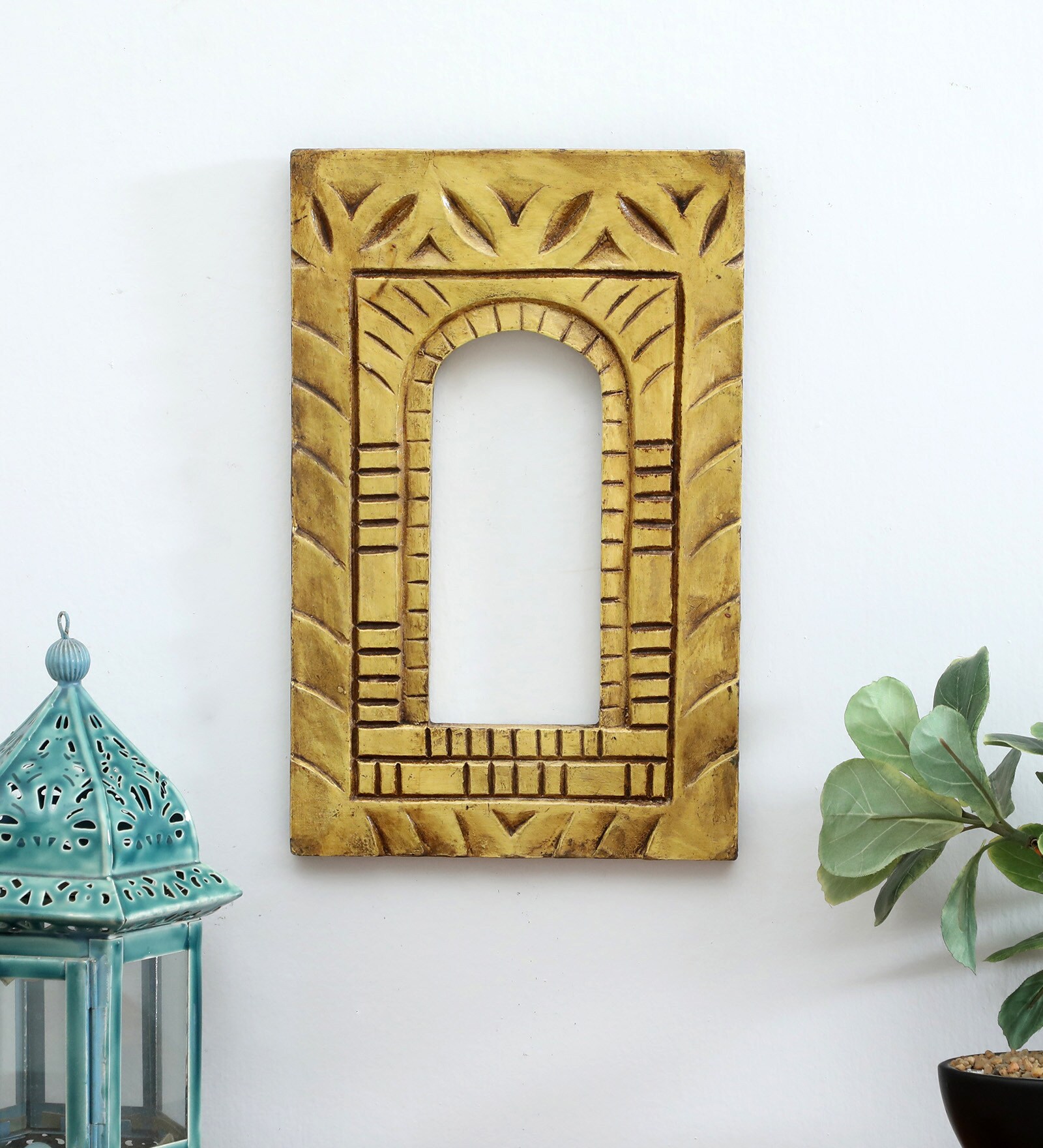 Yellow Distress Color Handpainted Engineered Wood Jharokha Frame