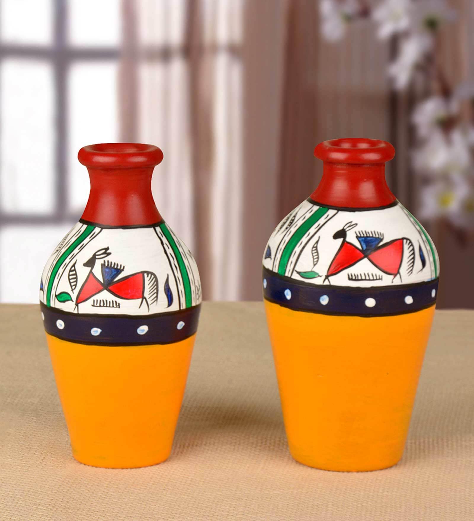 Yellow Earthenware Terracotta Handpainted Flower Vase, Set of 2