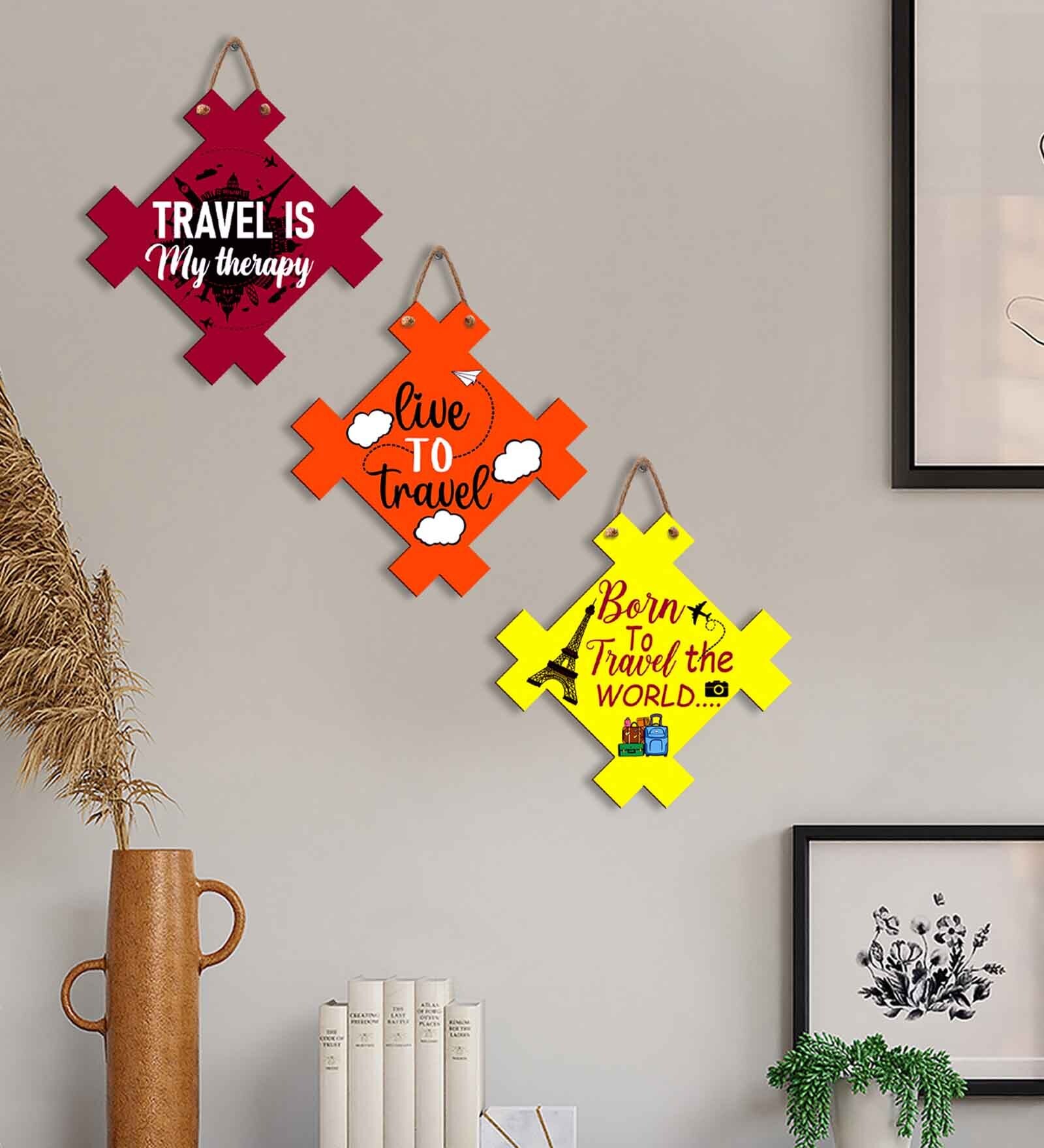 Yellow Engineered Wood (Set of 3) Wall Hanging