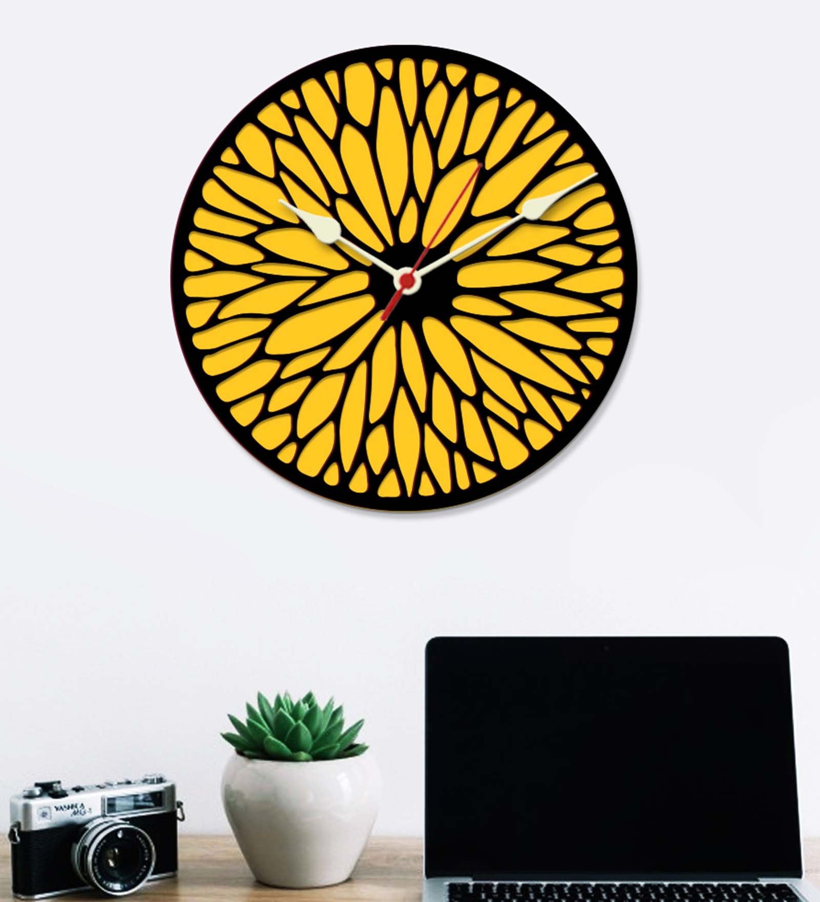 Yellow Engineered Wood Analog Wall Clock