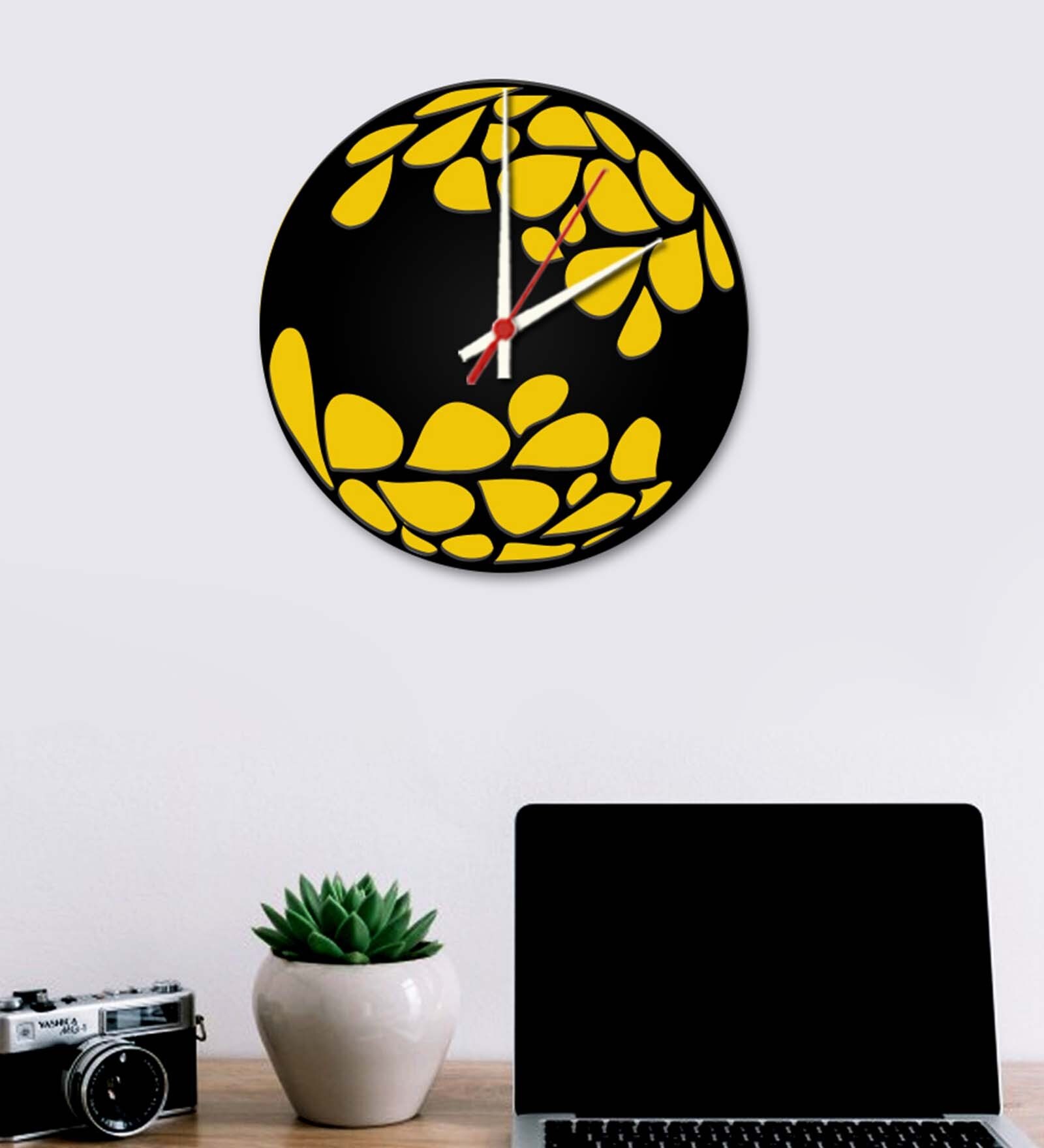 Yellow Engineered Wood Analog Wall Clock