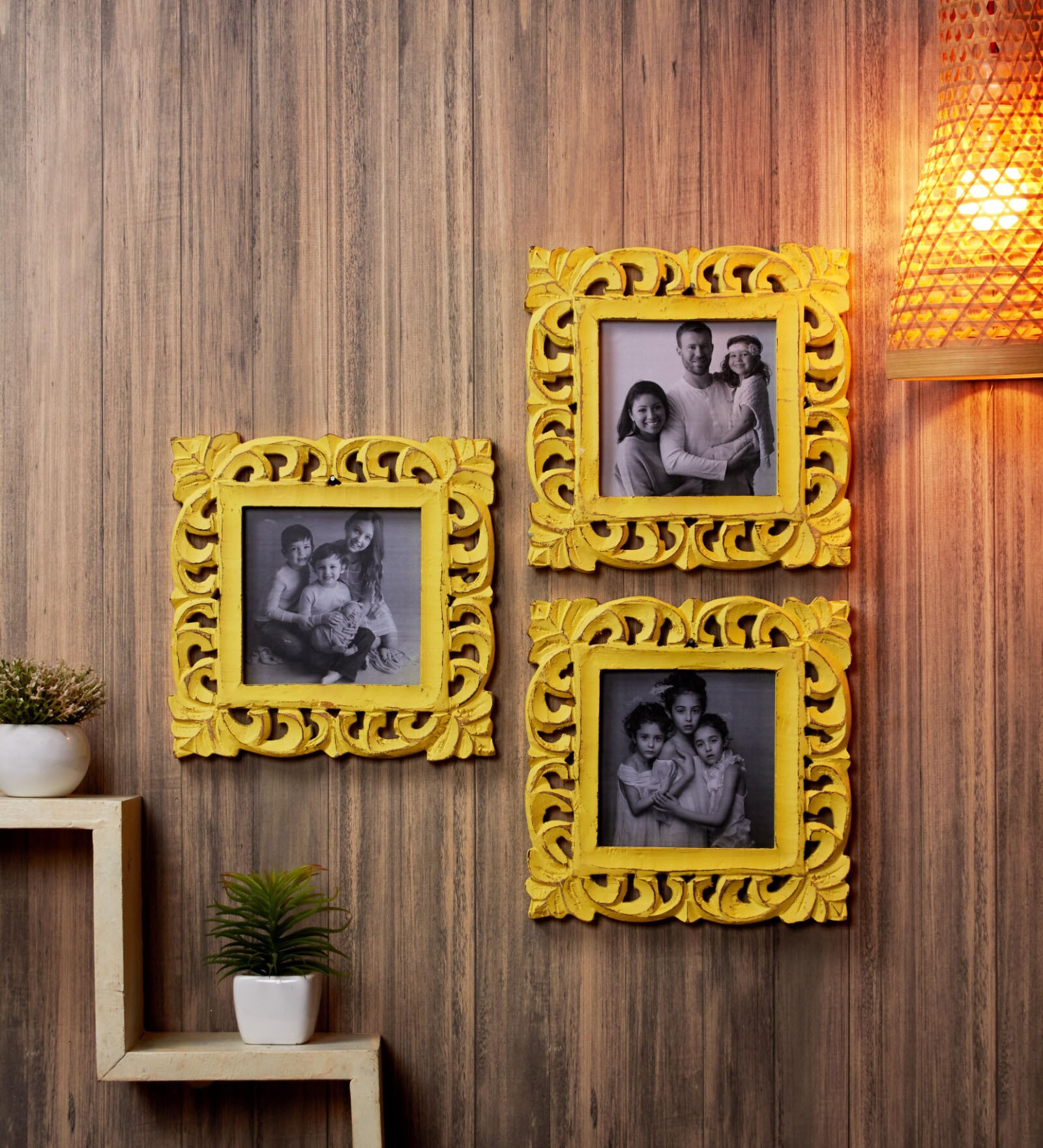 Buy Yellow Engineered Wood Rectangle Wooden Carved Collage Photo Frame, Set of 3 by Yatha at 38