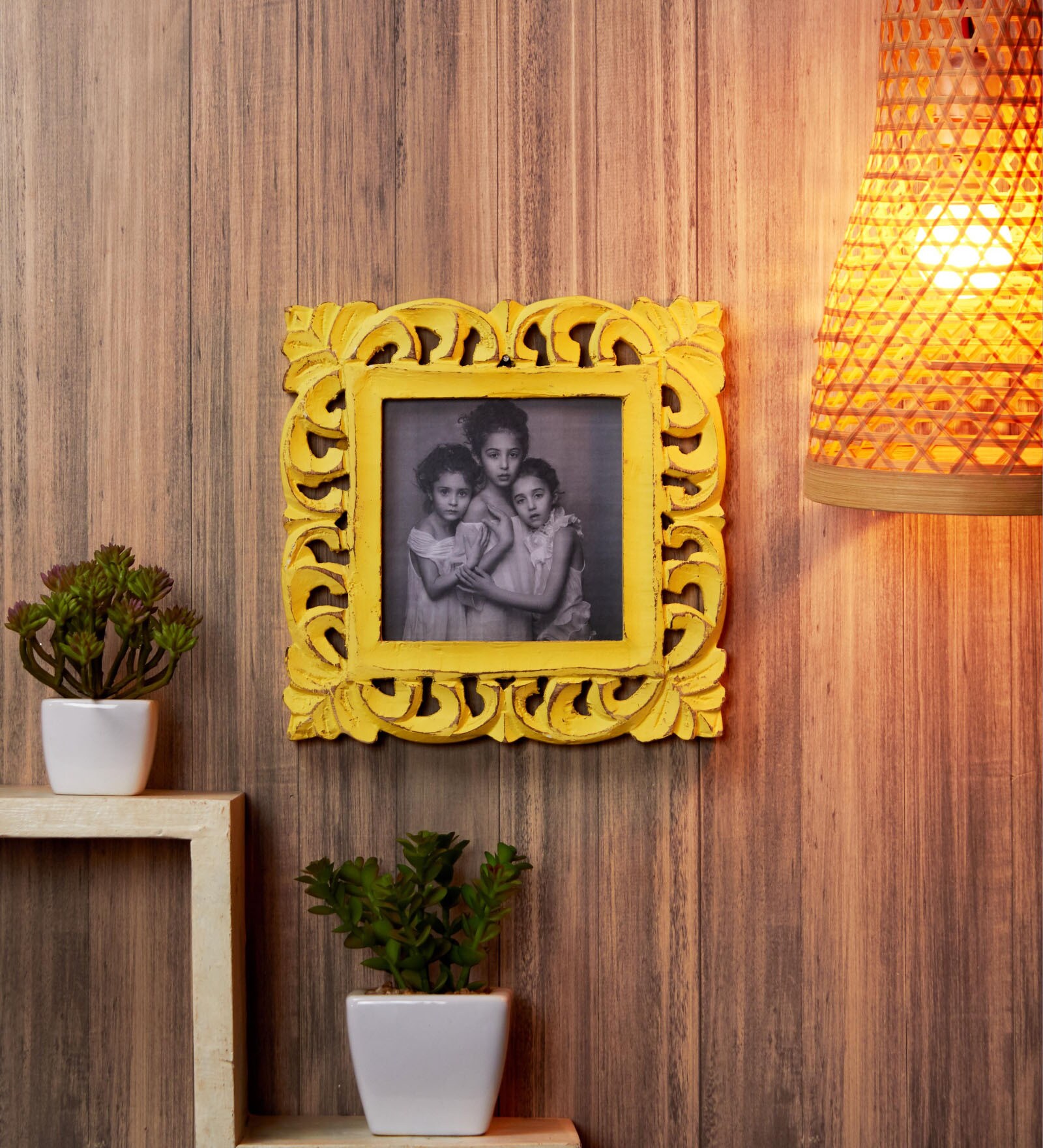 Buy Yellow Engineered Wood Wall Wooden Carved Square Photo Frame by