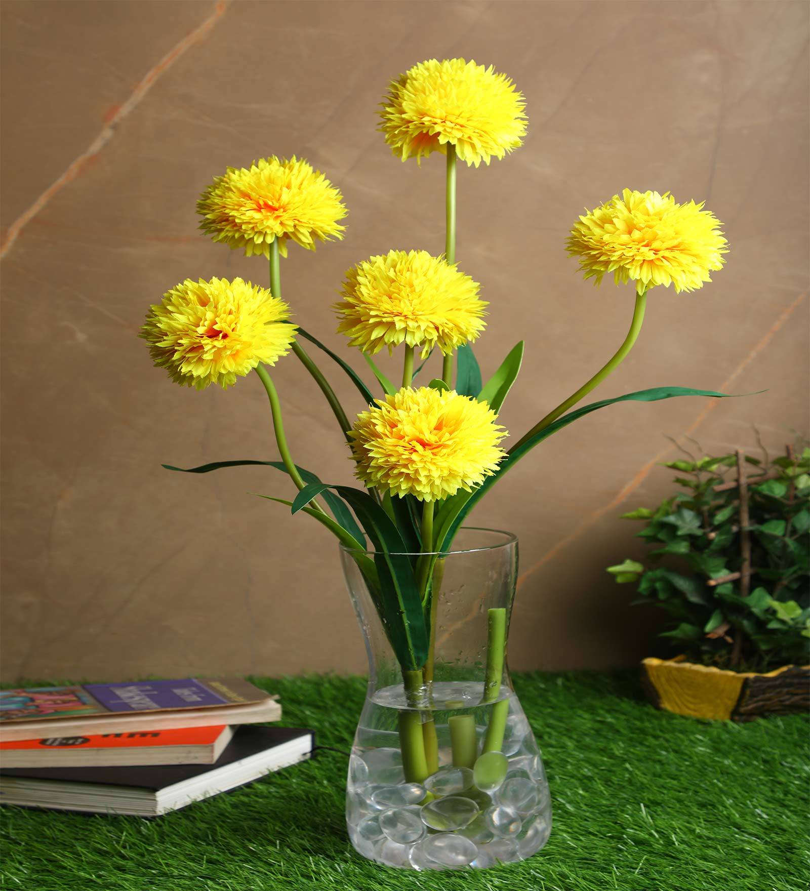 Yellow Fabric Decorative Artificial BallMum Flowers Set of 2
