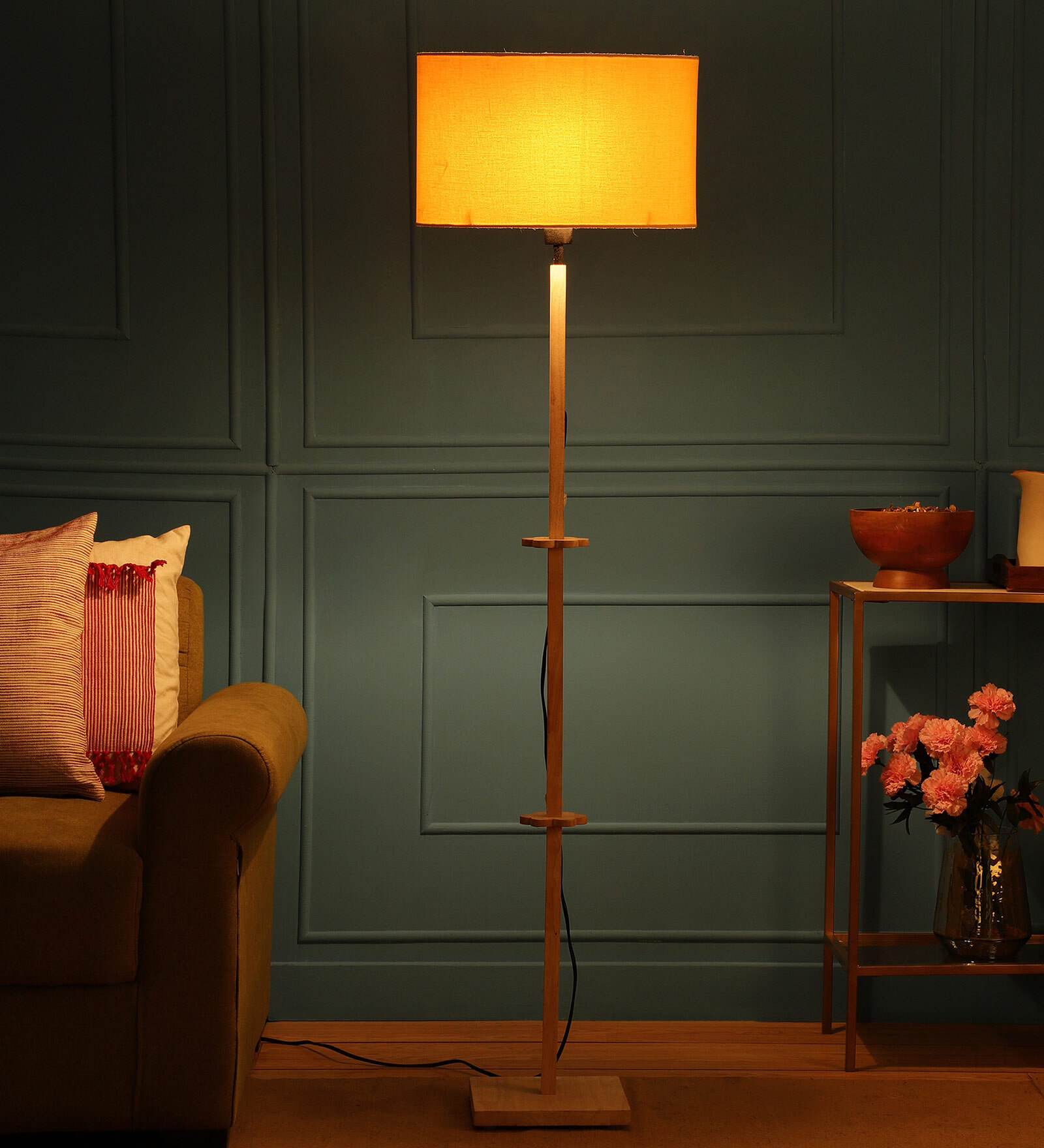 Traditional Yellow Fabric Shade Club Floor Lamp With Wood Base