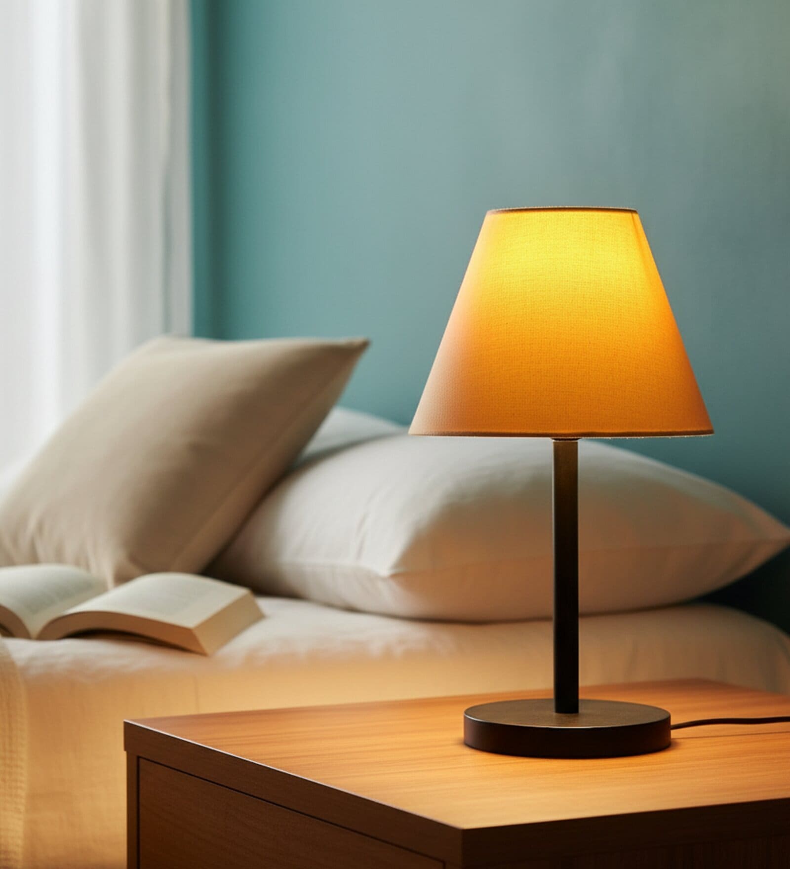 Yellow Fabric Shade Table Lamp, Minimalist Bedside Lamp with Metal Base for Bedroom, Living Room & Study