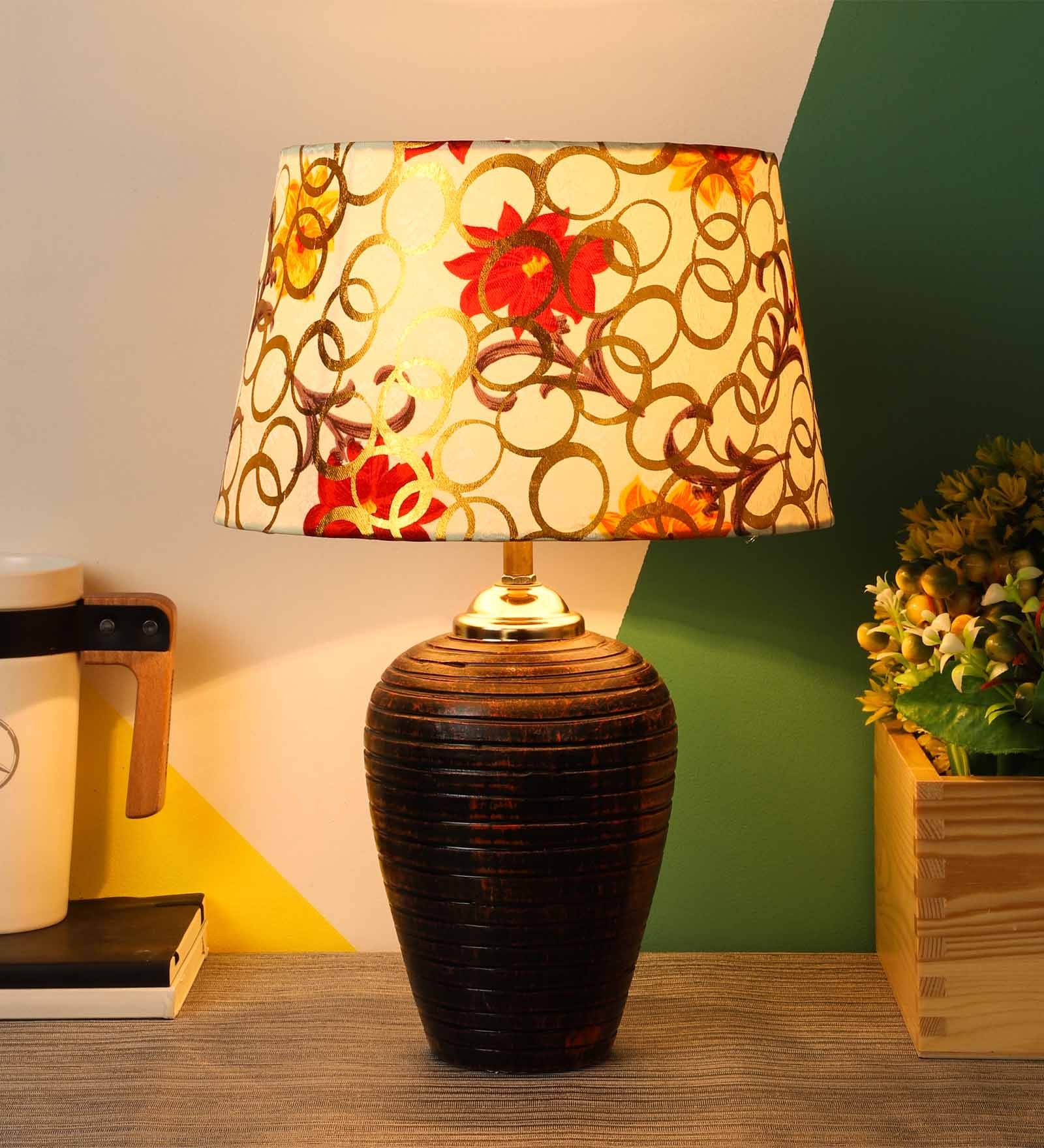Yellow Fabric Shade Table Lamp With Brown Base